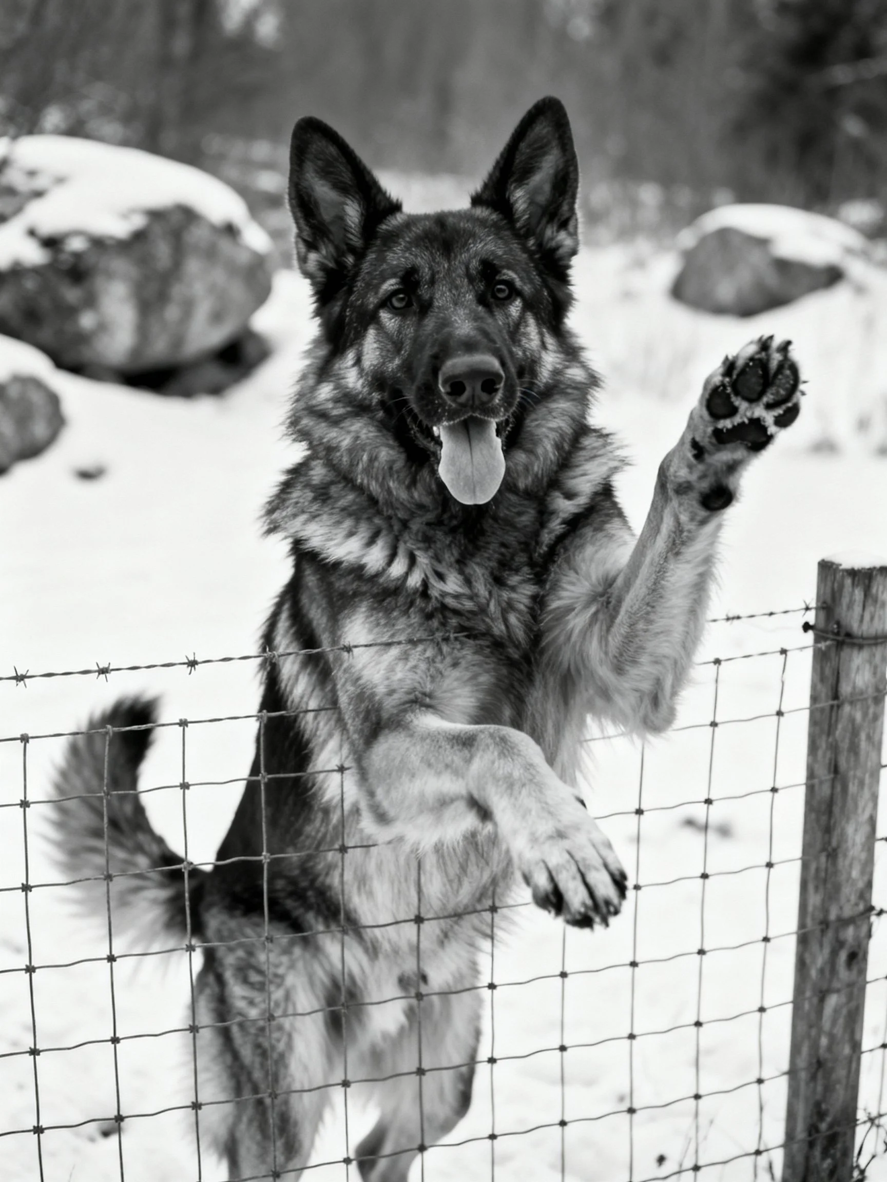 A German Shepherd leaps over a barbed wire fence in a snowy landscape