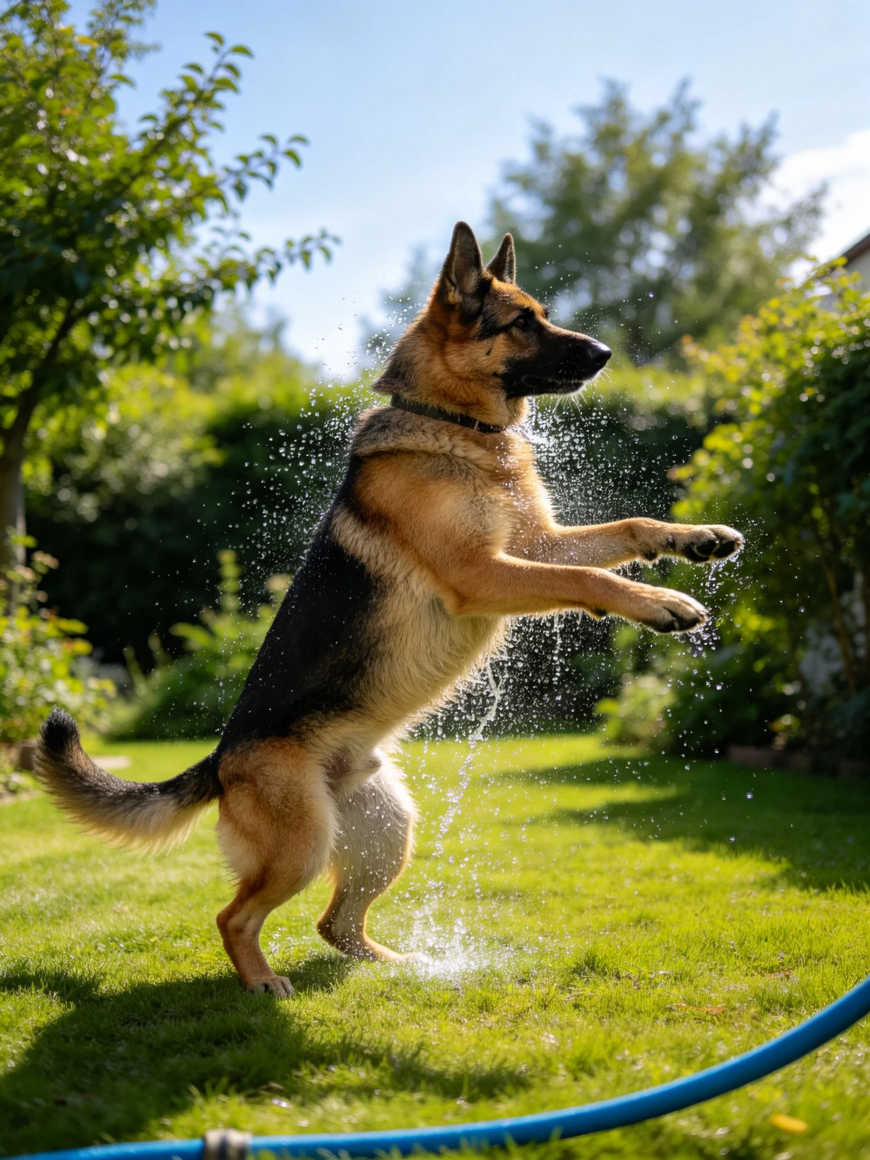 A German Shepherd plays in water spray within a sunlit garden.