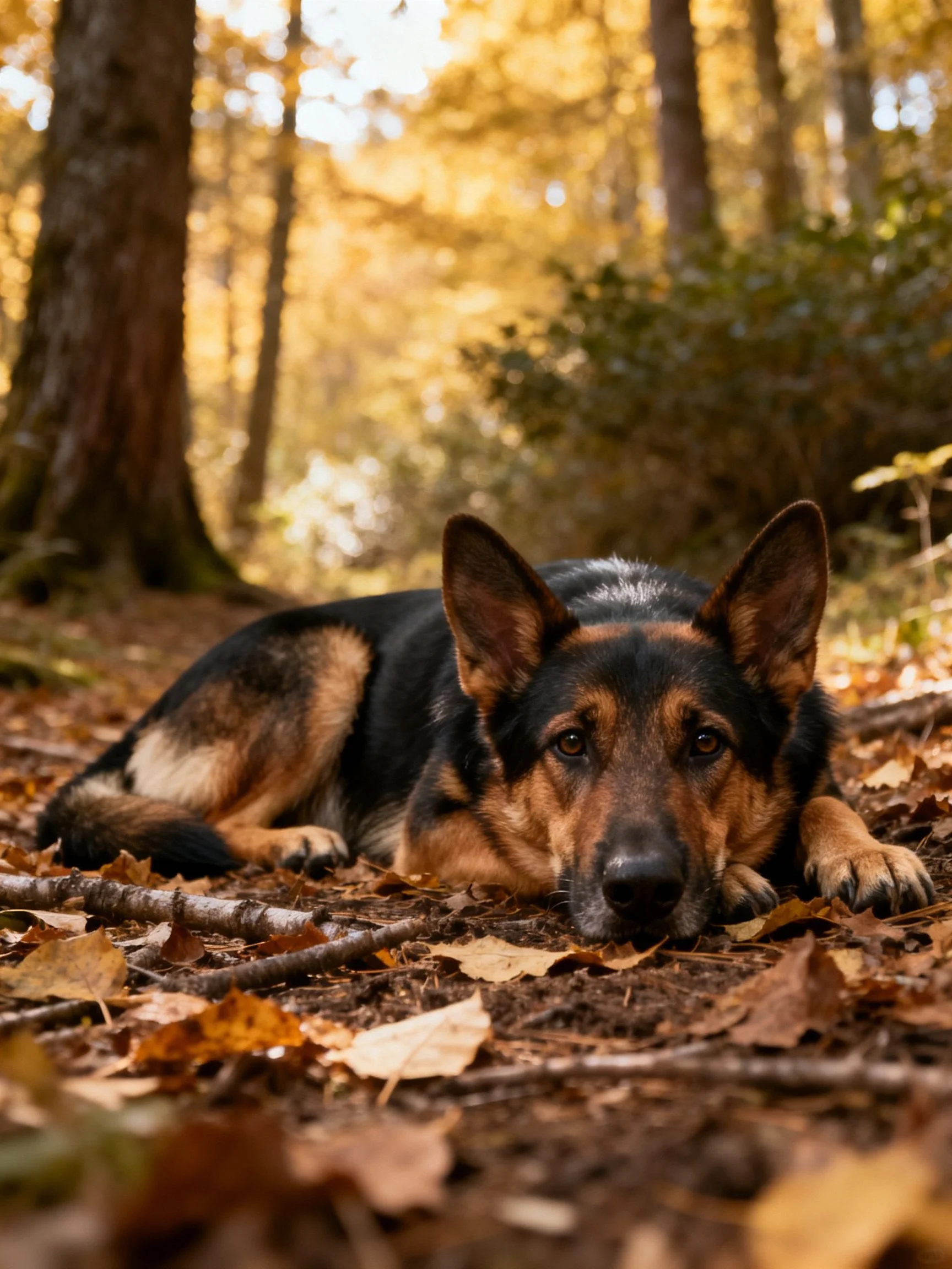 A German Shepherd lies among autumn leaves in a sunlit forest