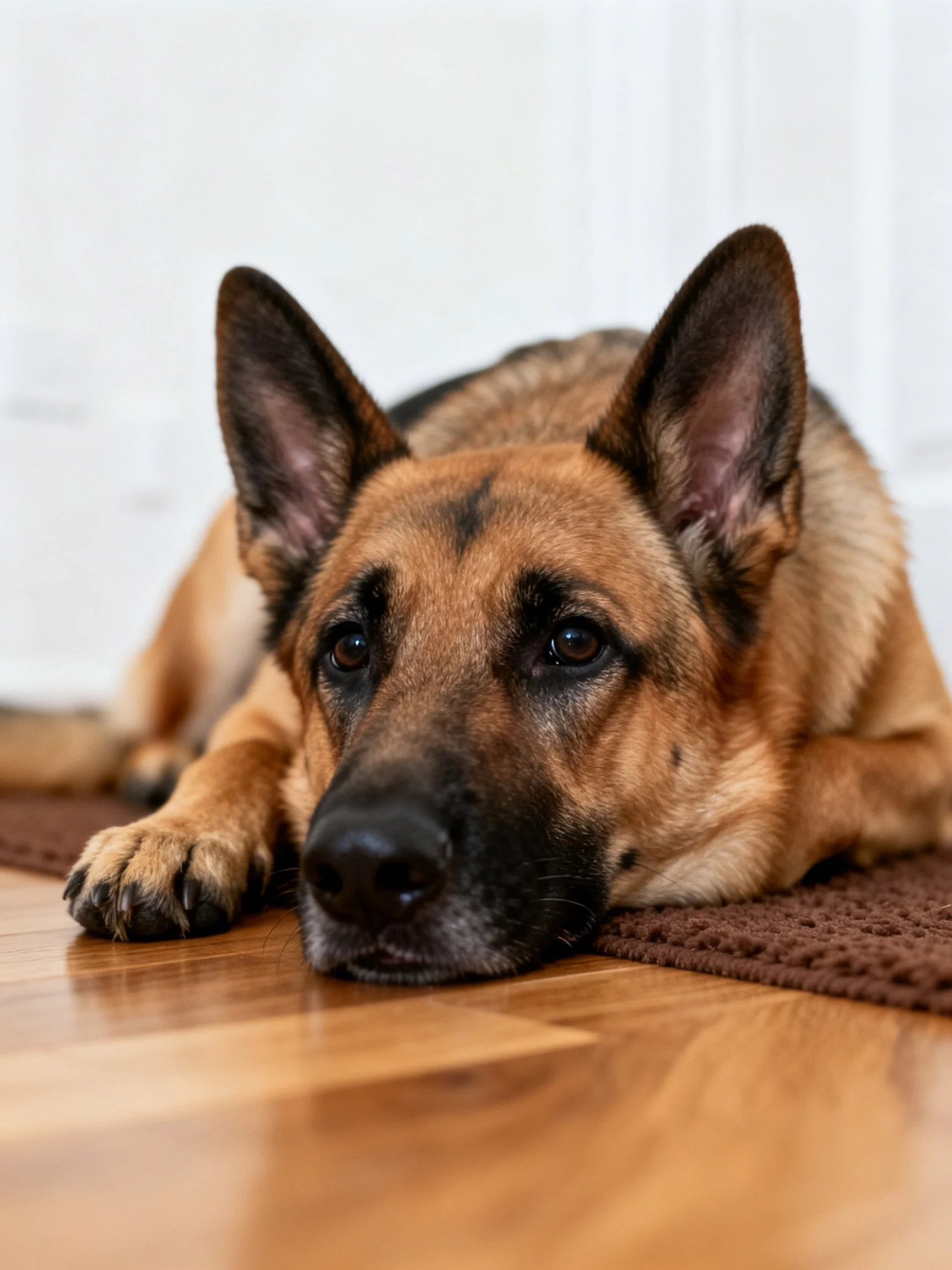 A German Shepherd lies on a brown mat over wood flooring