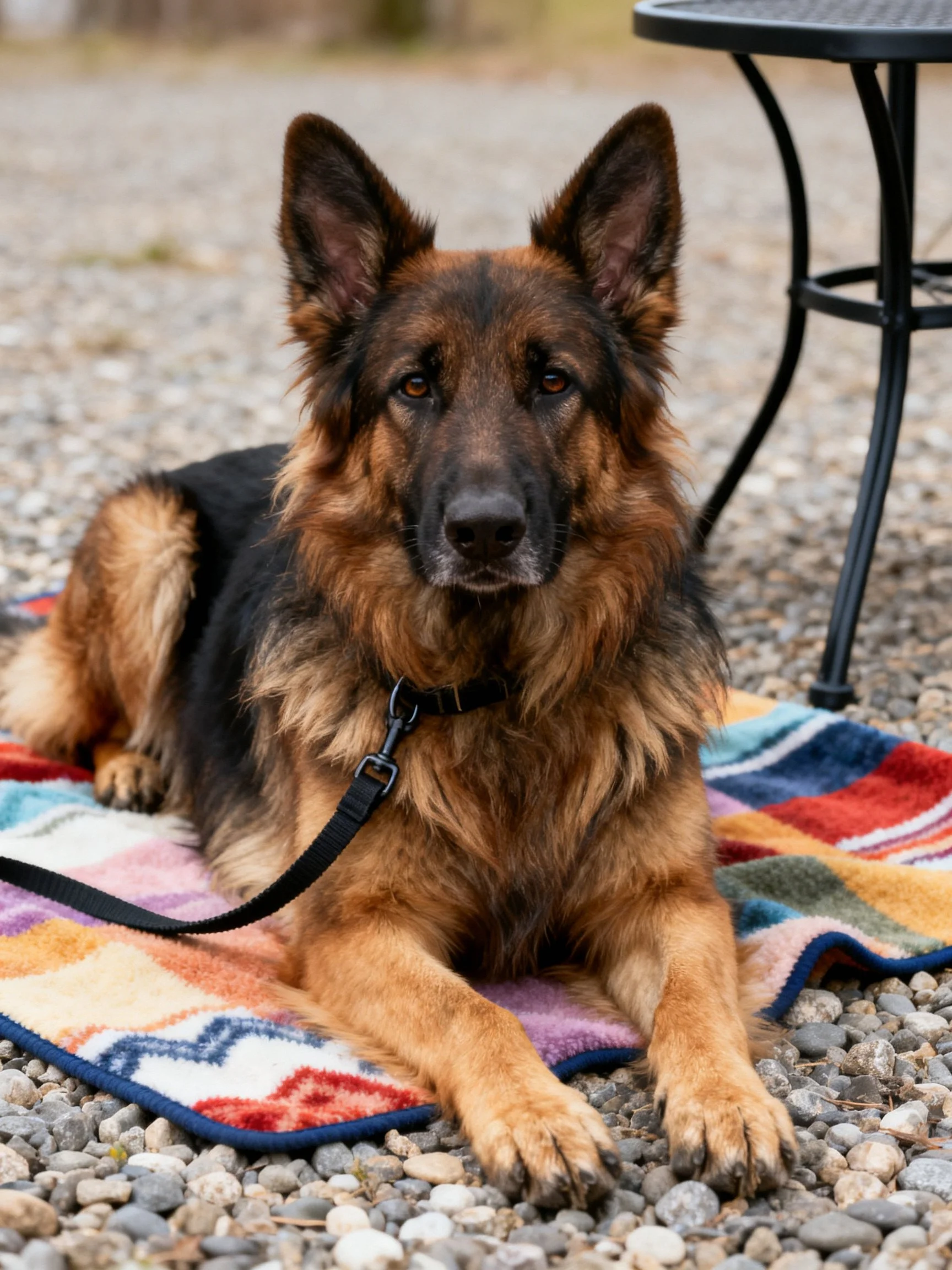 A German Shepherd rests on a colorful blanket outdoors on a gravel surface