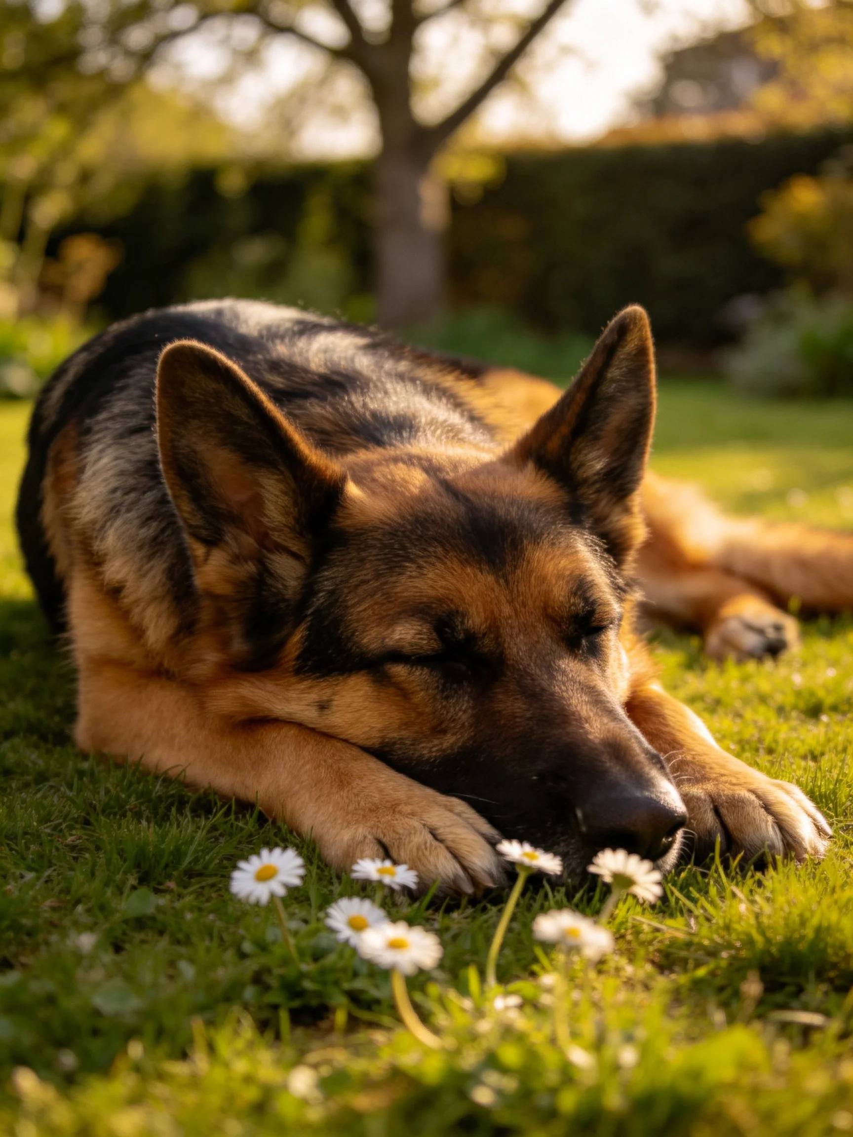 A German Shepherd naps peacefully among daisies in a sunlit garden.