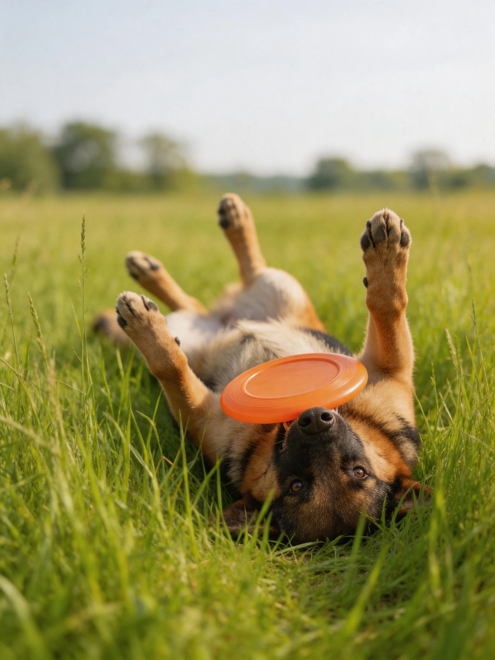 A German Shepherd relaxes on grass with an orange frisbee.