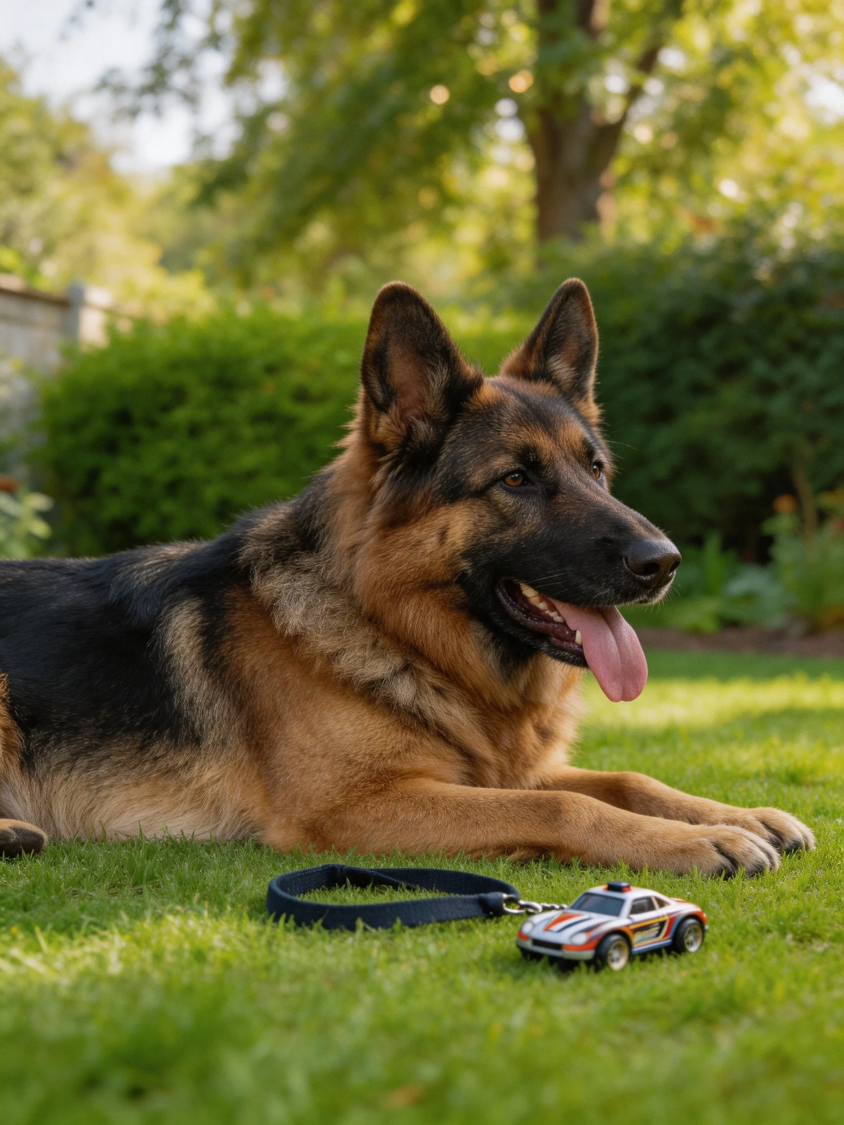 A German Shepherd relaxes outdoors near a small toy car