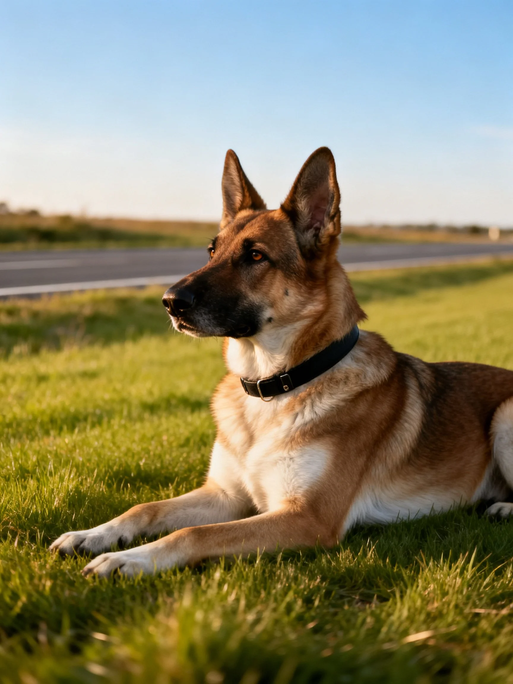 A German Shepherd rests on grass beside a paved road under a clear sky.