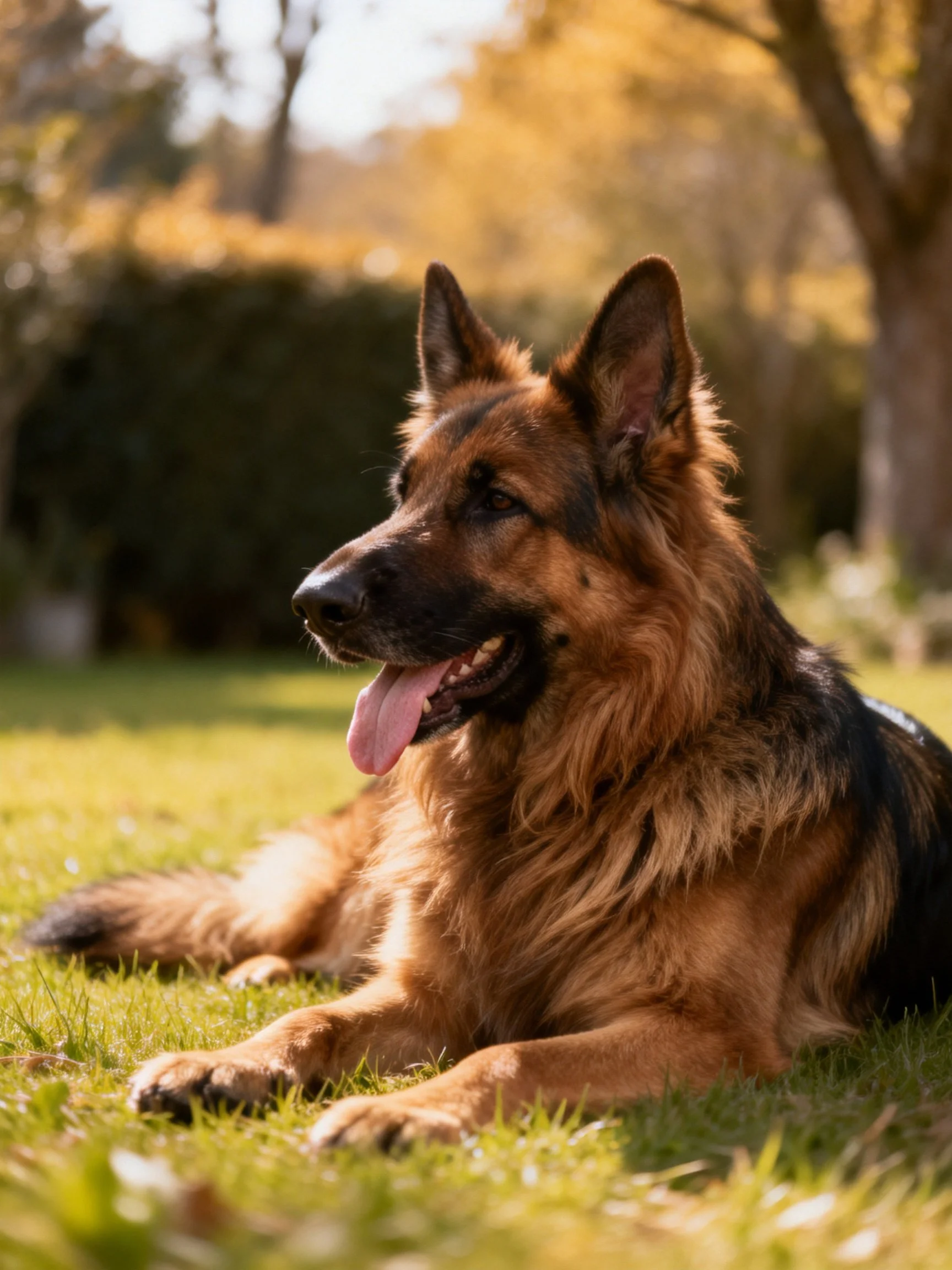 A German Shepherd relaxes on grass in a sunlit tree-lined yard.