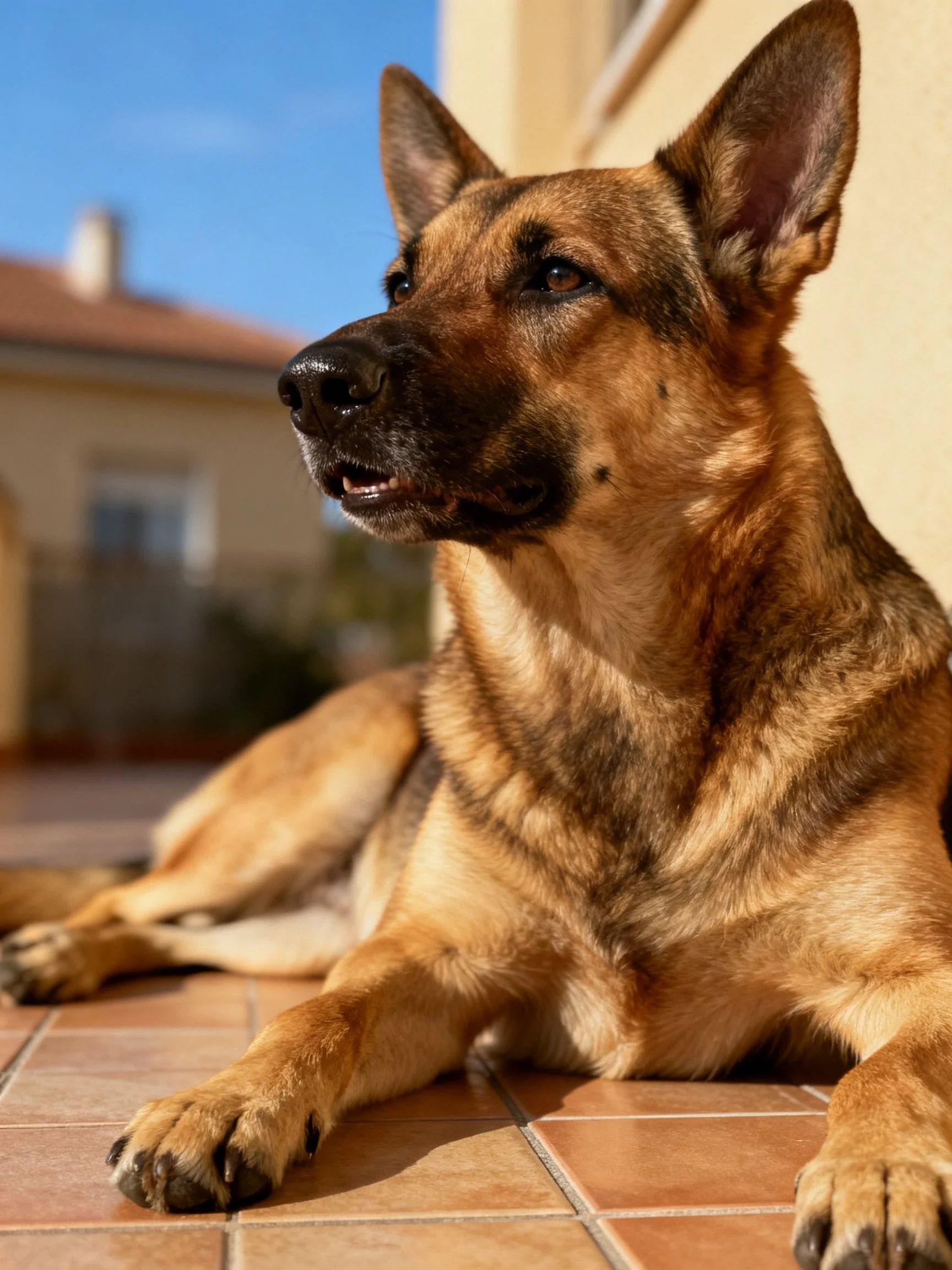A German Shepherd relaxes on tiled flooring in a sunny outdoor environment.
