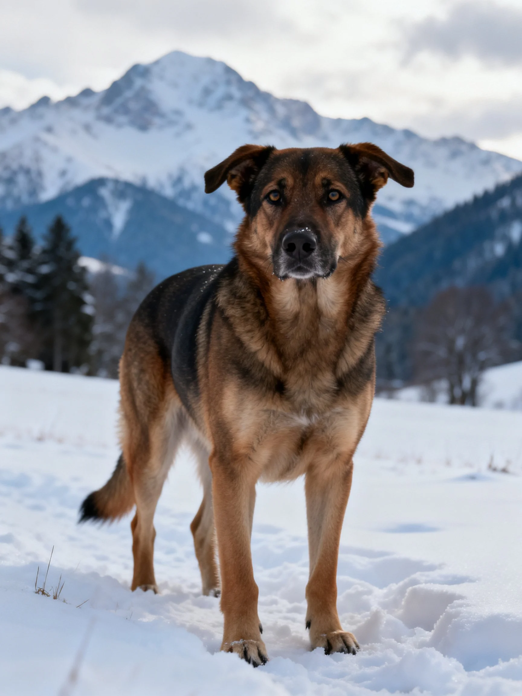 A German Shepherd mix stands in snowy mountainous terrain