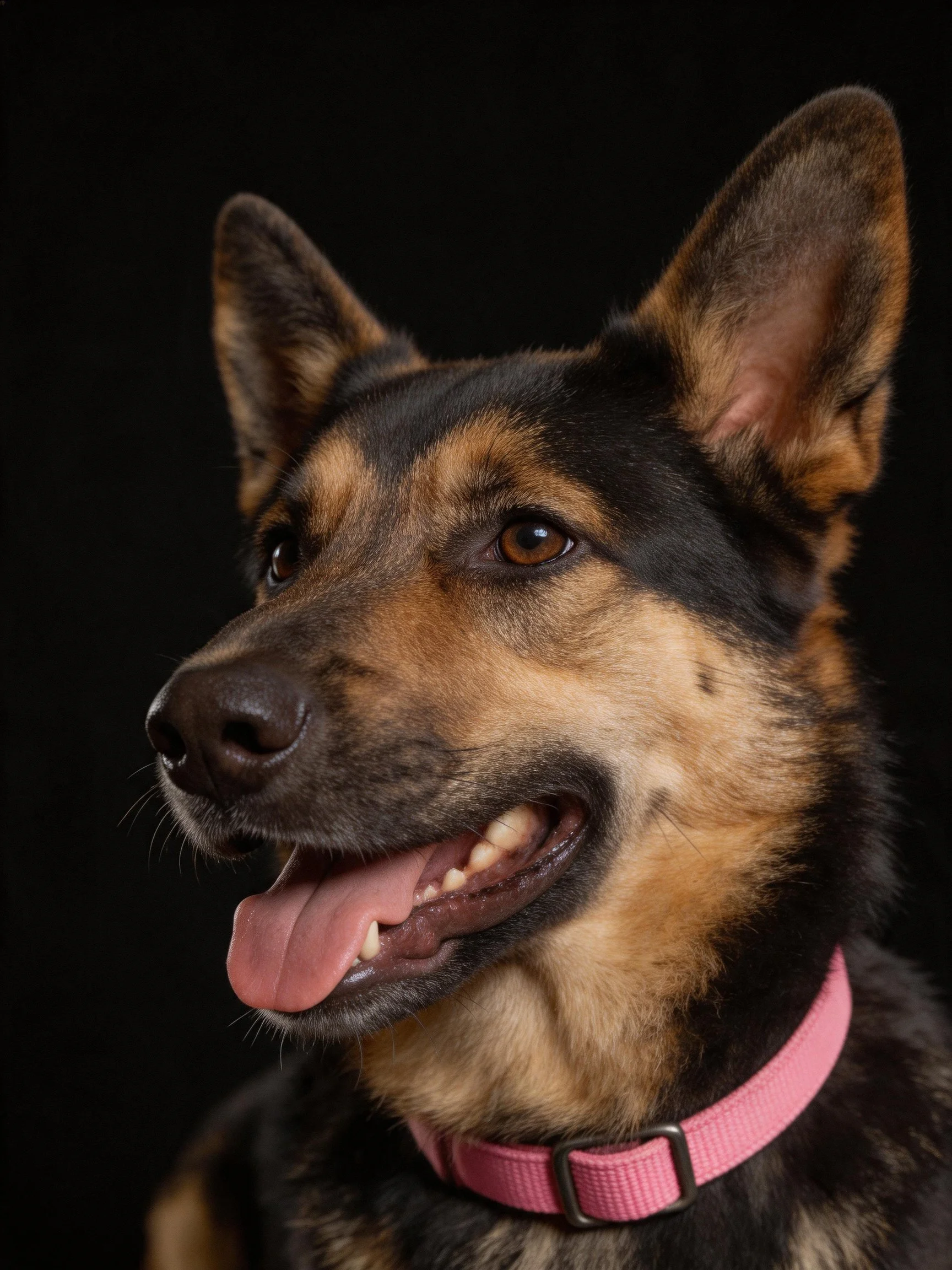 A German Shepherd mix with black and tan fur wears a pink collar, looking cheerful.