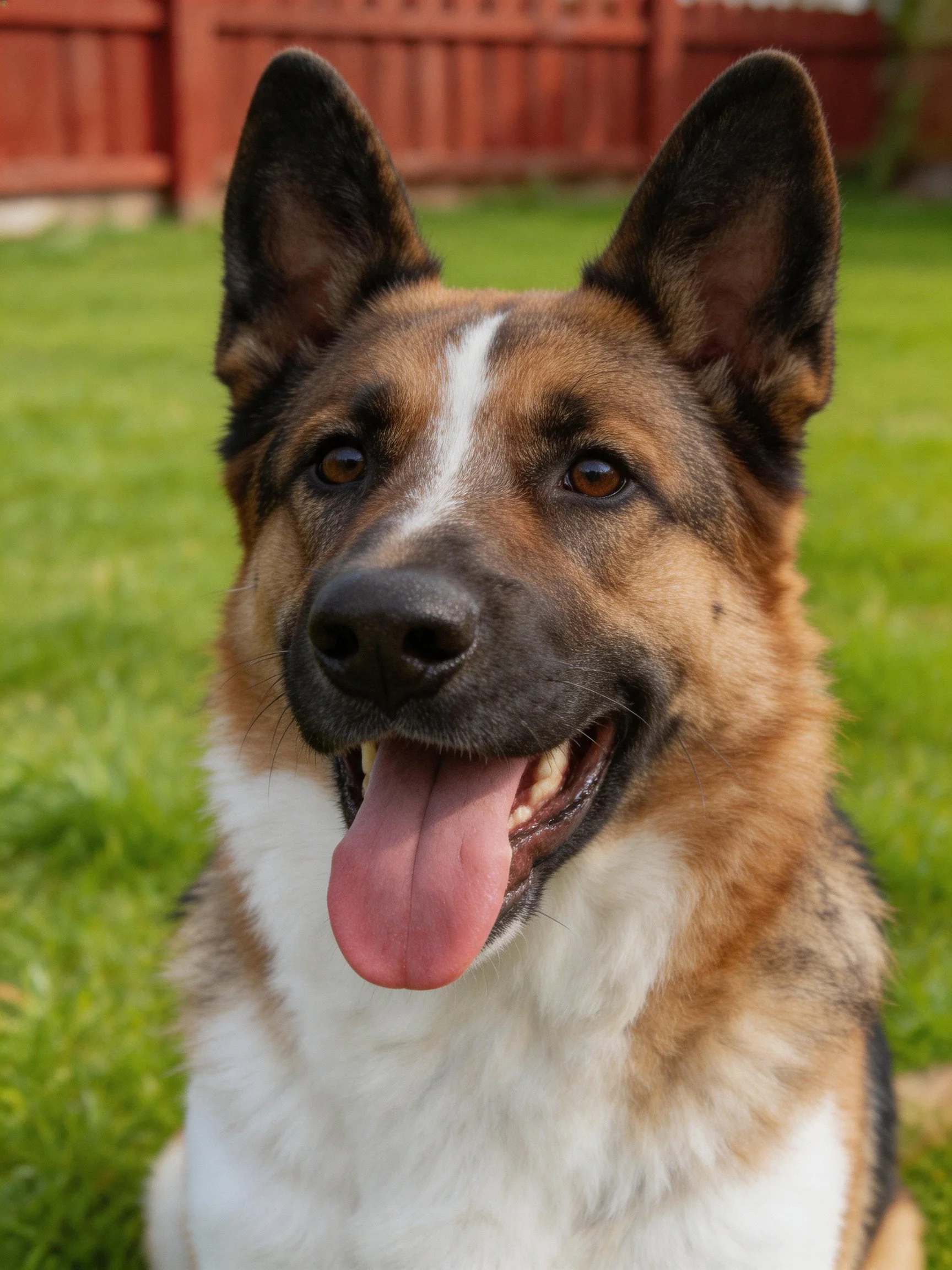A German Shepherd mix with brown, black, and white fur in a backyard