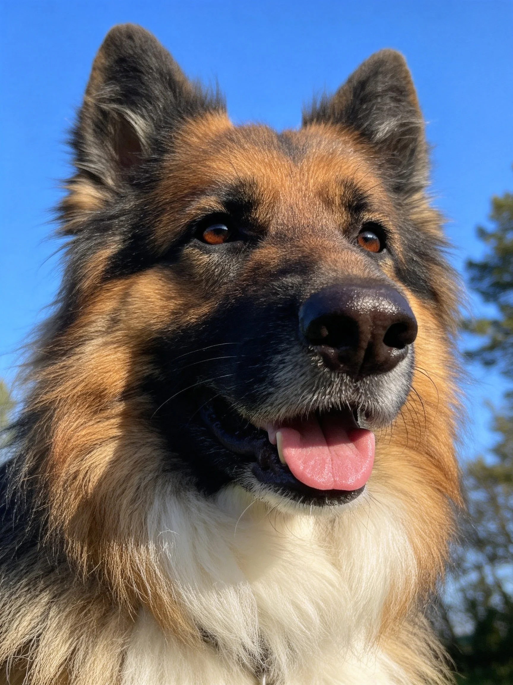 A German Shepherd mix with brown, black, and white fur outdoors