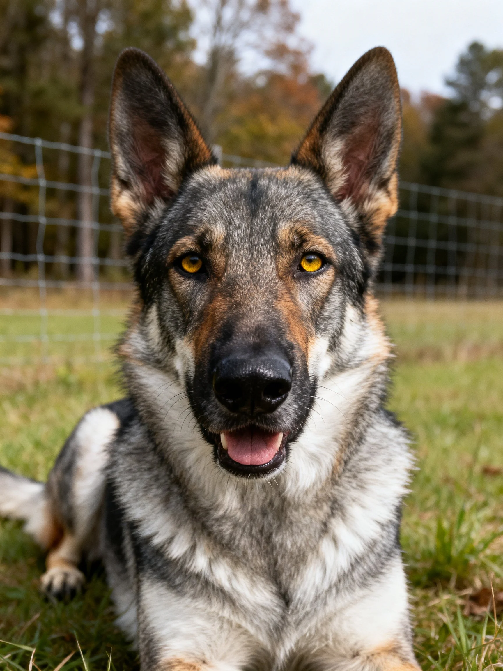 A German Shepherd mix with multicolored fur rests on grass by a wire fence
