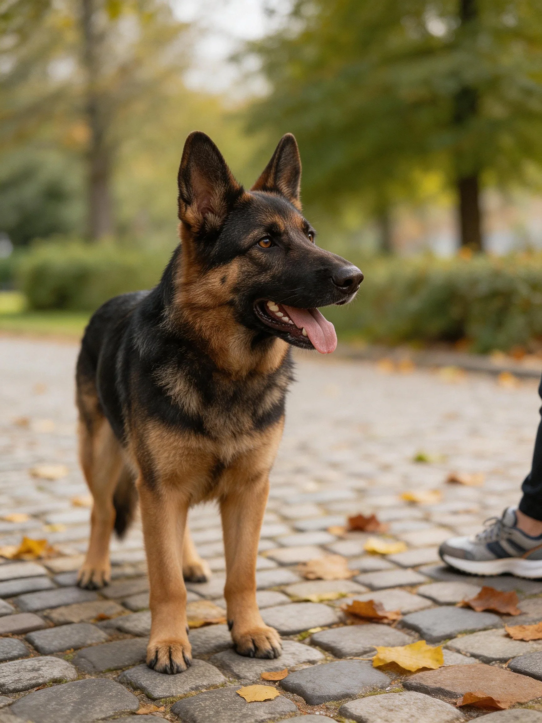A German Shepherd on a cobblestone path with autumn leaves