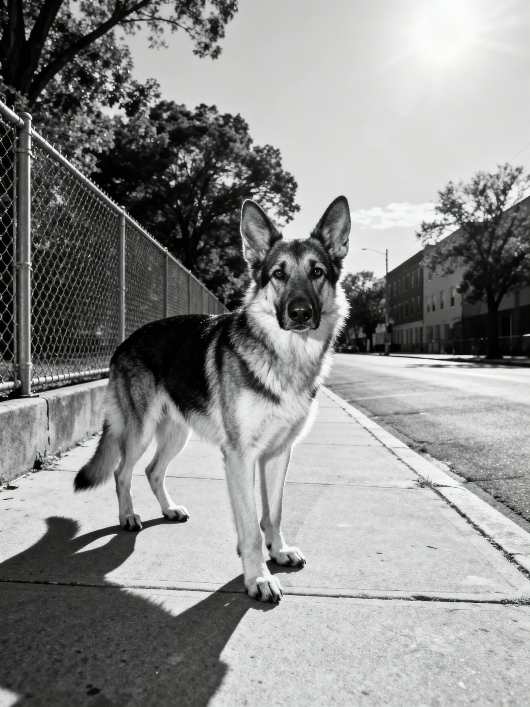 A German Shepherd stands alertly on a sidewalk near a chain-link fence.