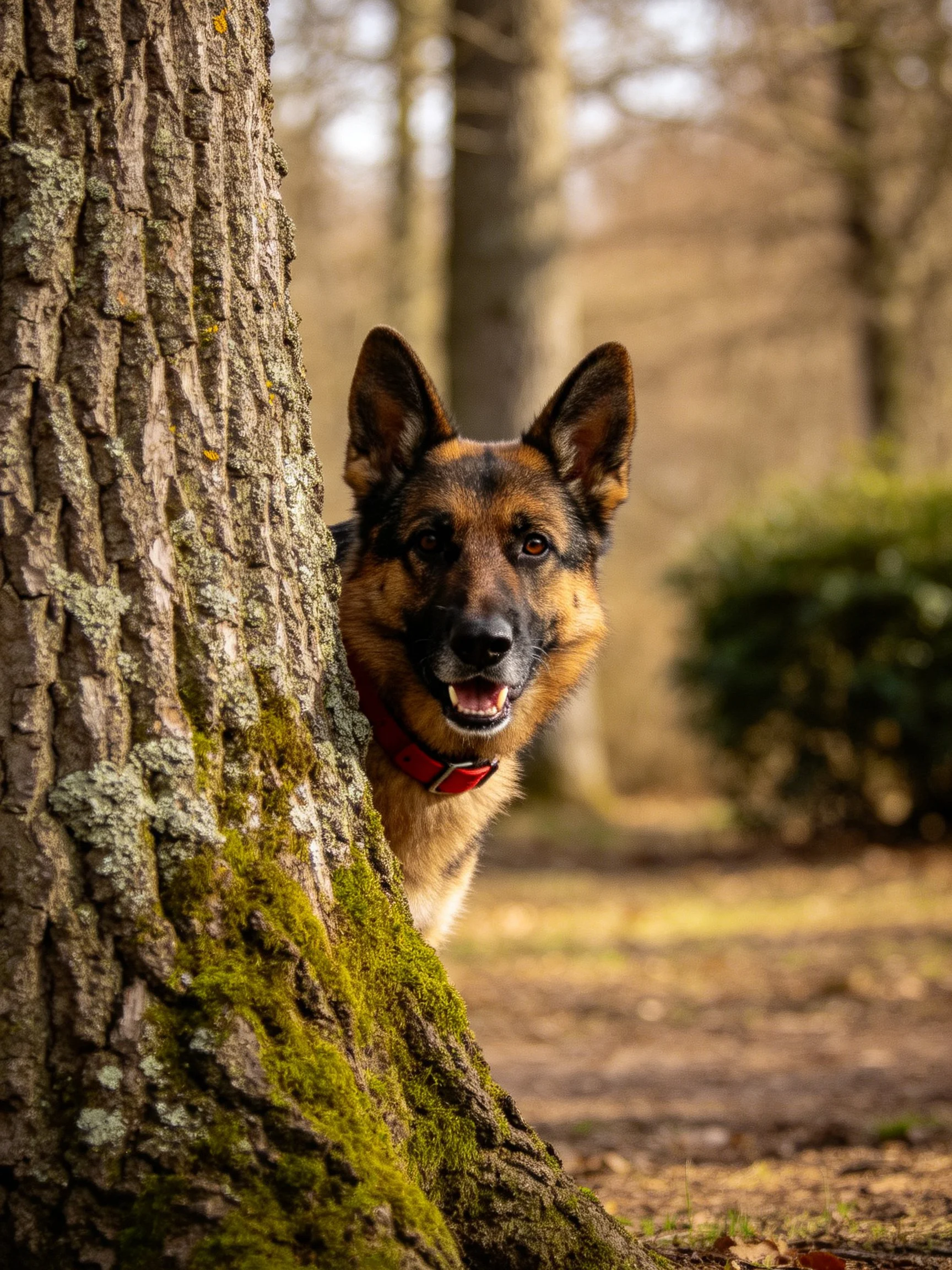 A German Shepherd peeks from behind a moss-covered tree trunk