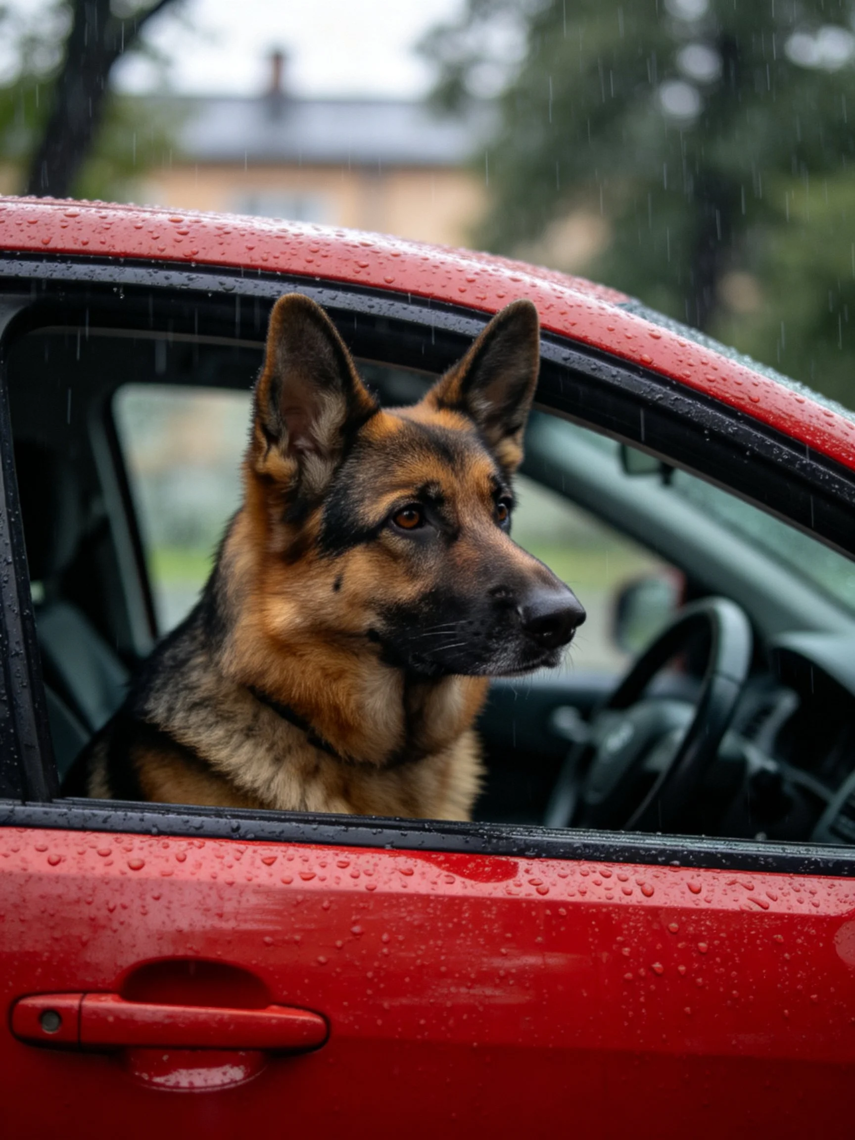 A German Shepherd peers out of a red rainy car window