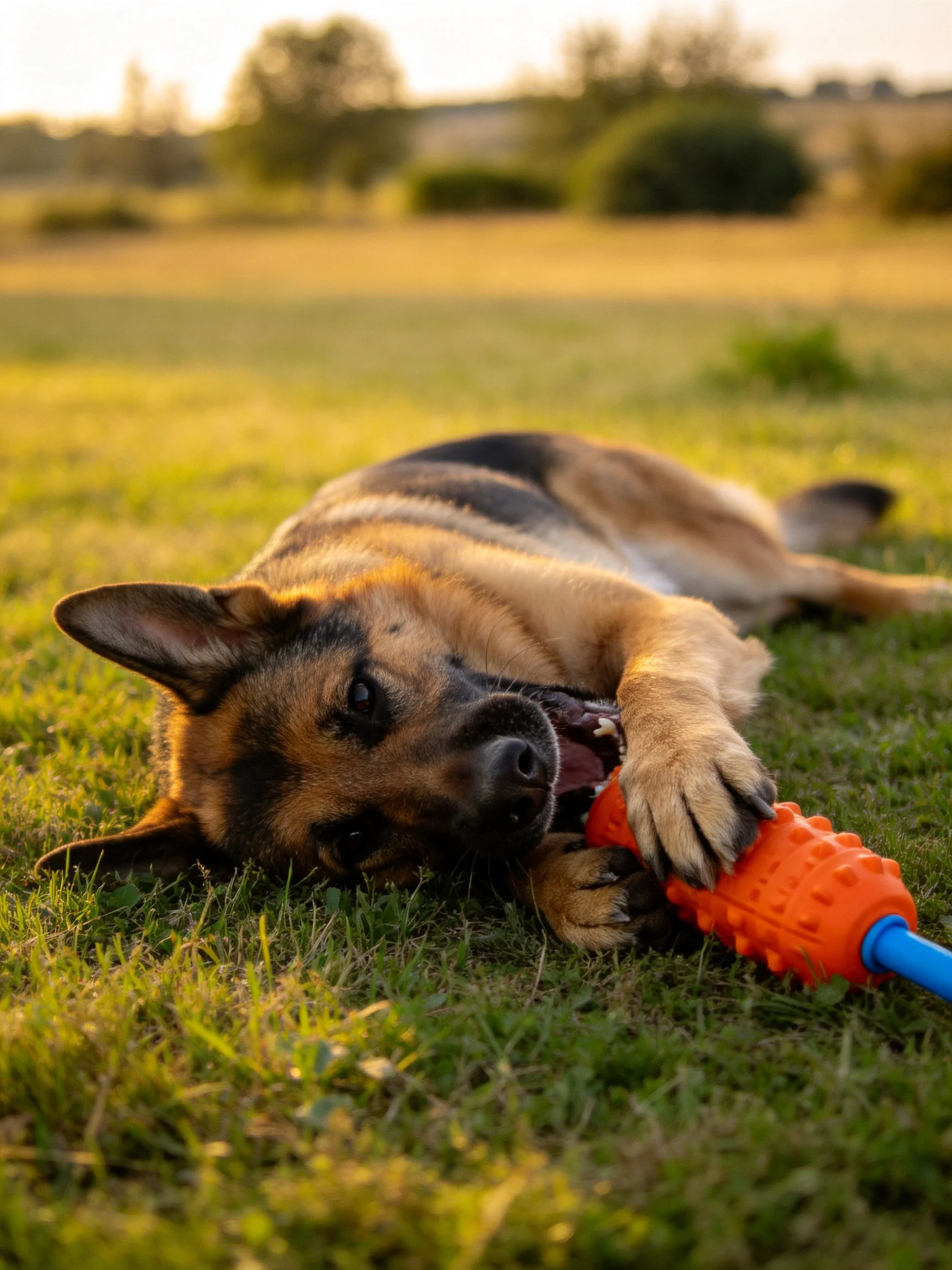 A German Shepherd lies on grass chewing an orange rubber toy.