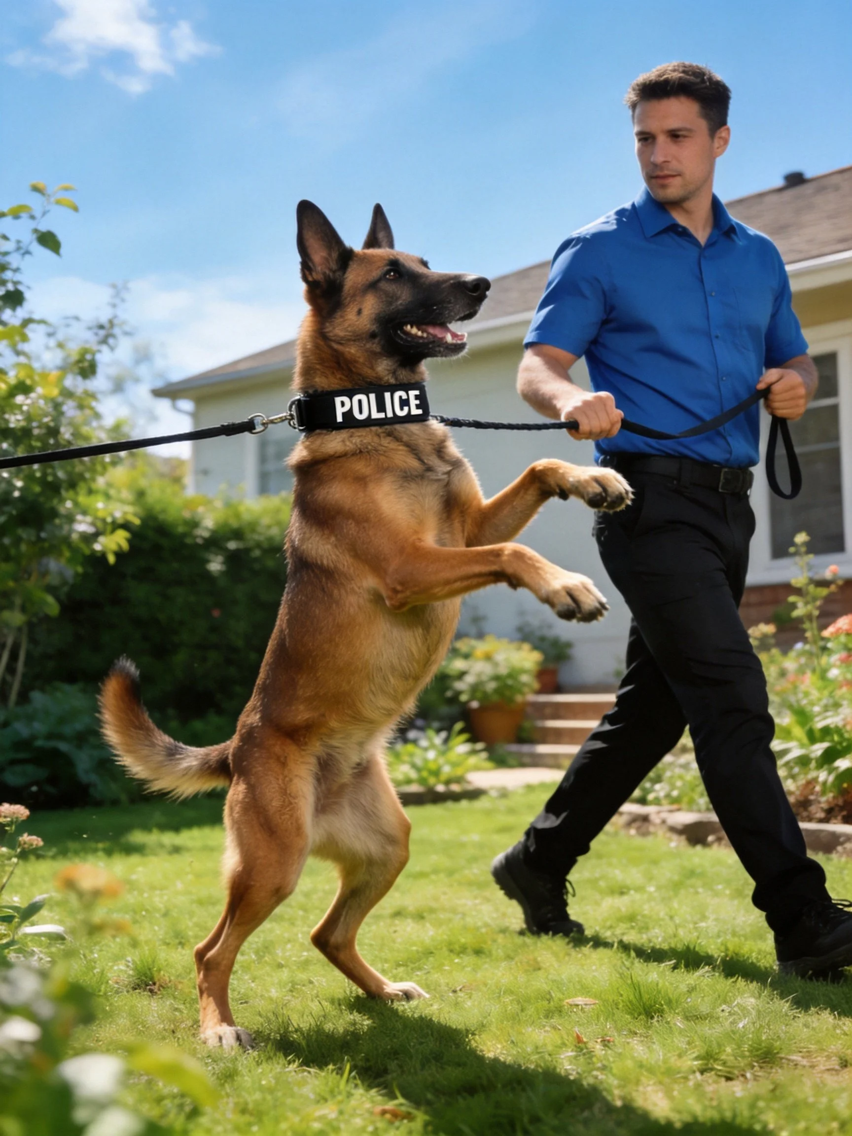 A police dog stands on hind legs while being guided by a handler in a sunny garden.
