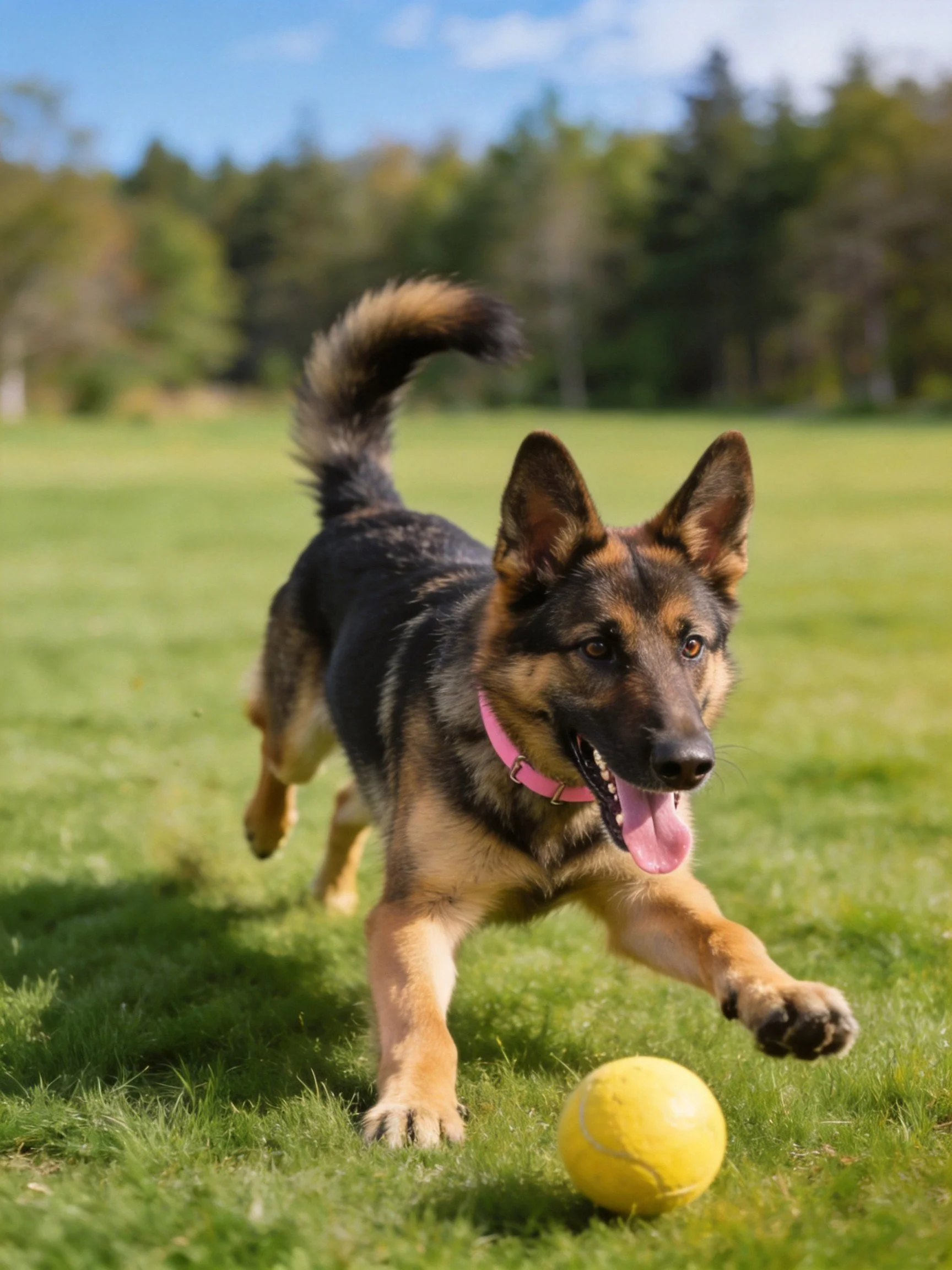 A German Shepherd puppy chases a yellow tennis ball in an outdoor area.