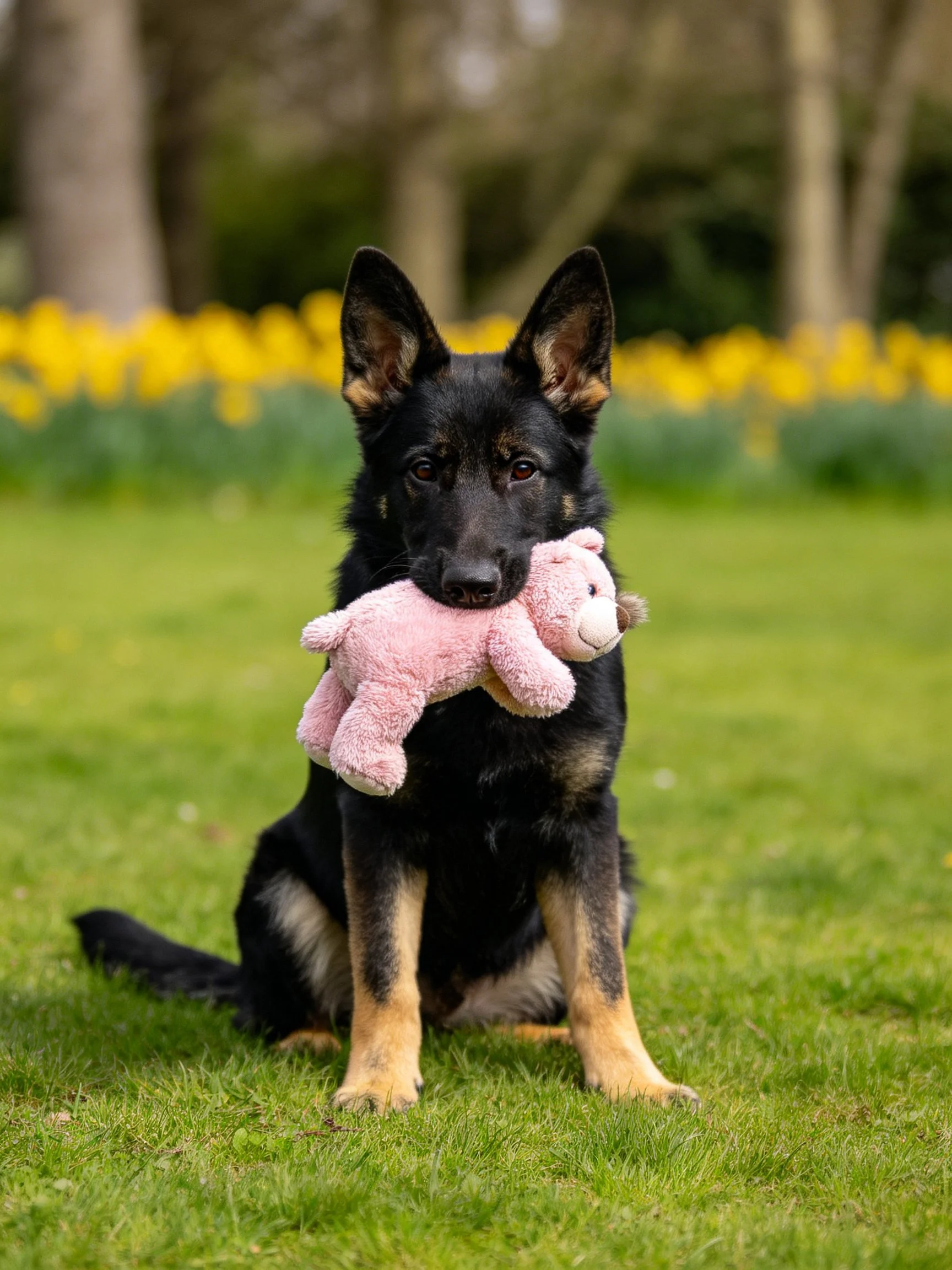 A German Shepherd puppy sits on grass holding a pink stuffed toy with yellow flowers in the background.