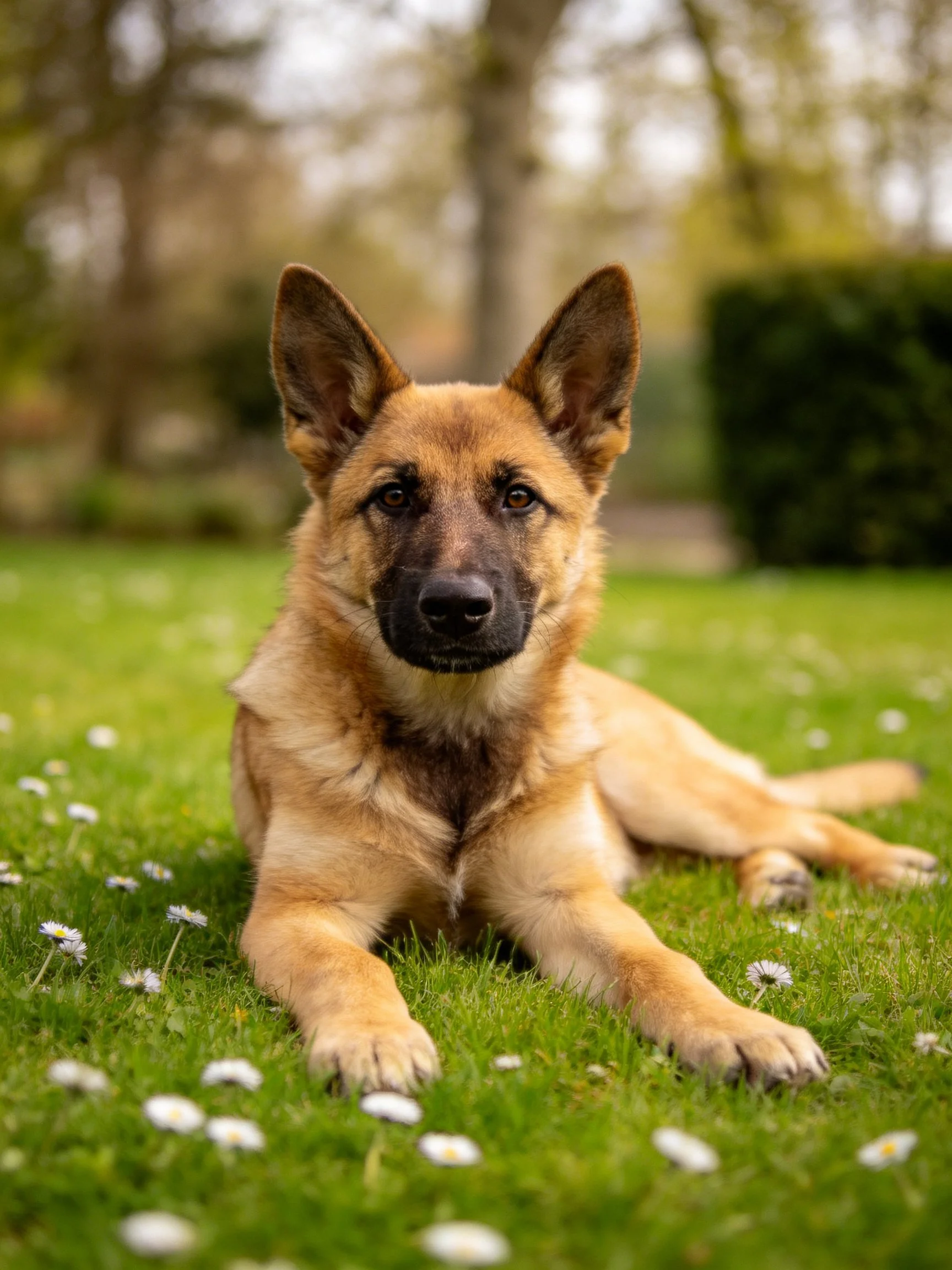 A German Shepherd puppy lounging on a daisy-dotted green lawn