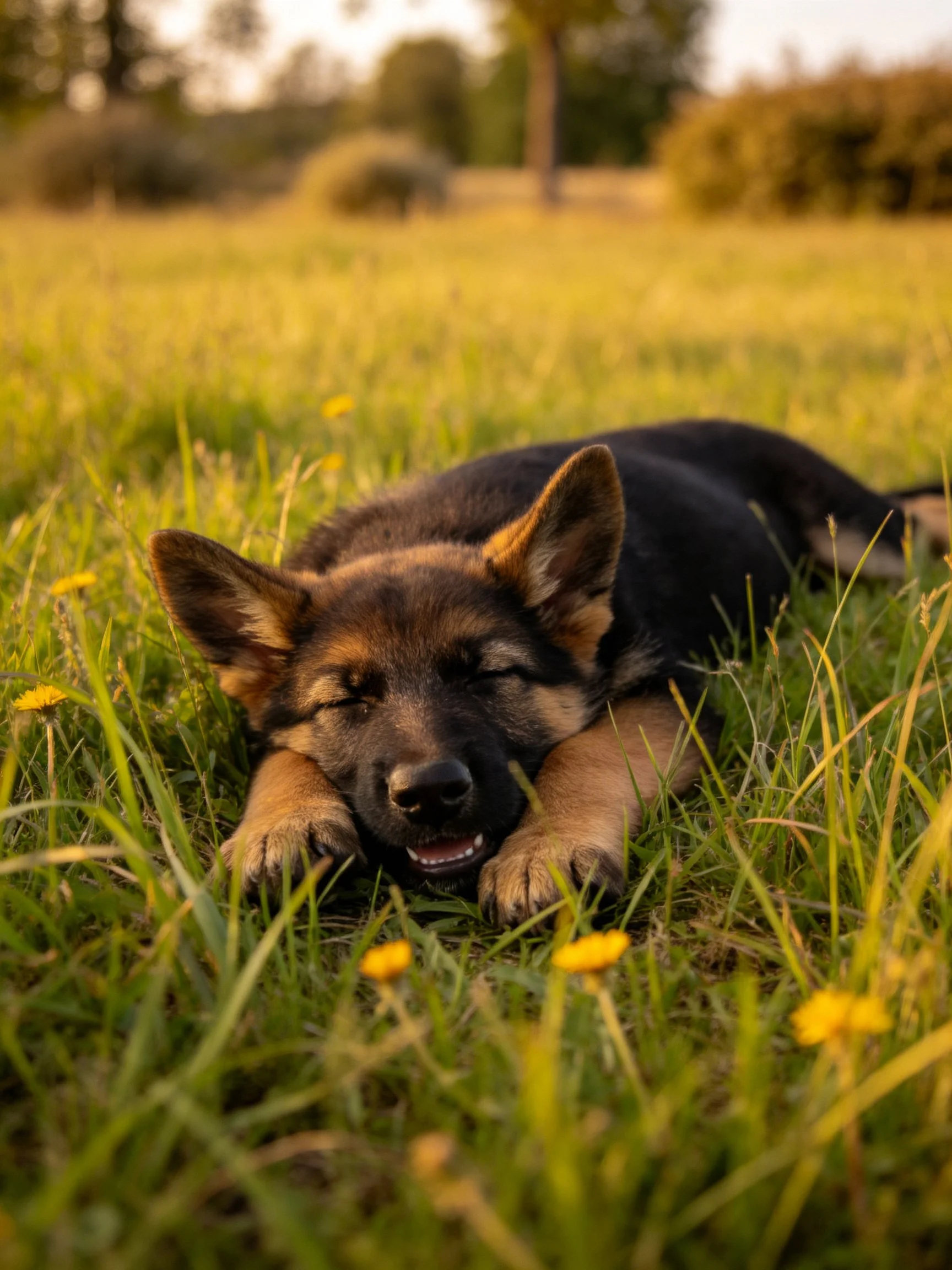 A German Shepherd puppy relaxes in a sun-drenched grassy field