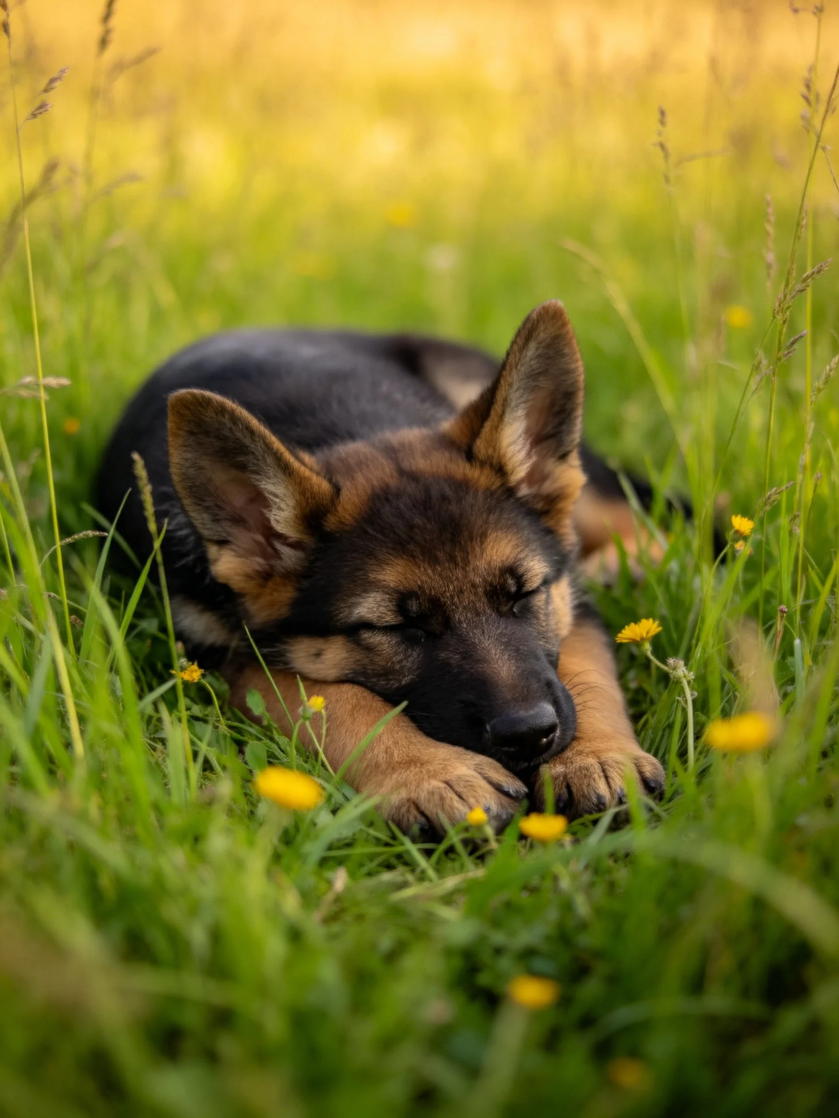 A German Shepherd puppy resting in lush green grass with yellow wildflowers