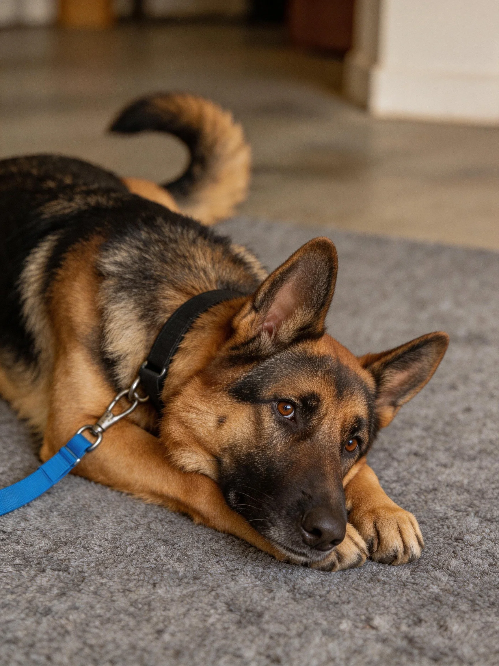 A German Shepherd puppy lies calmly on a gray carpet with a blue leash.