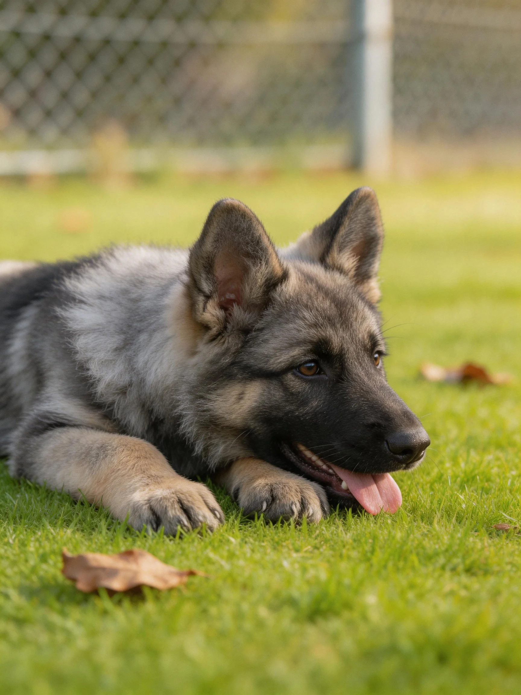 A German Shepherd puppy rests on green grass near a chain-link fence.