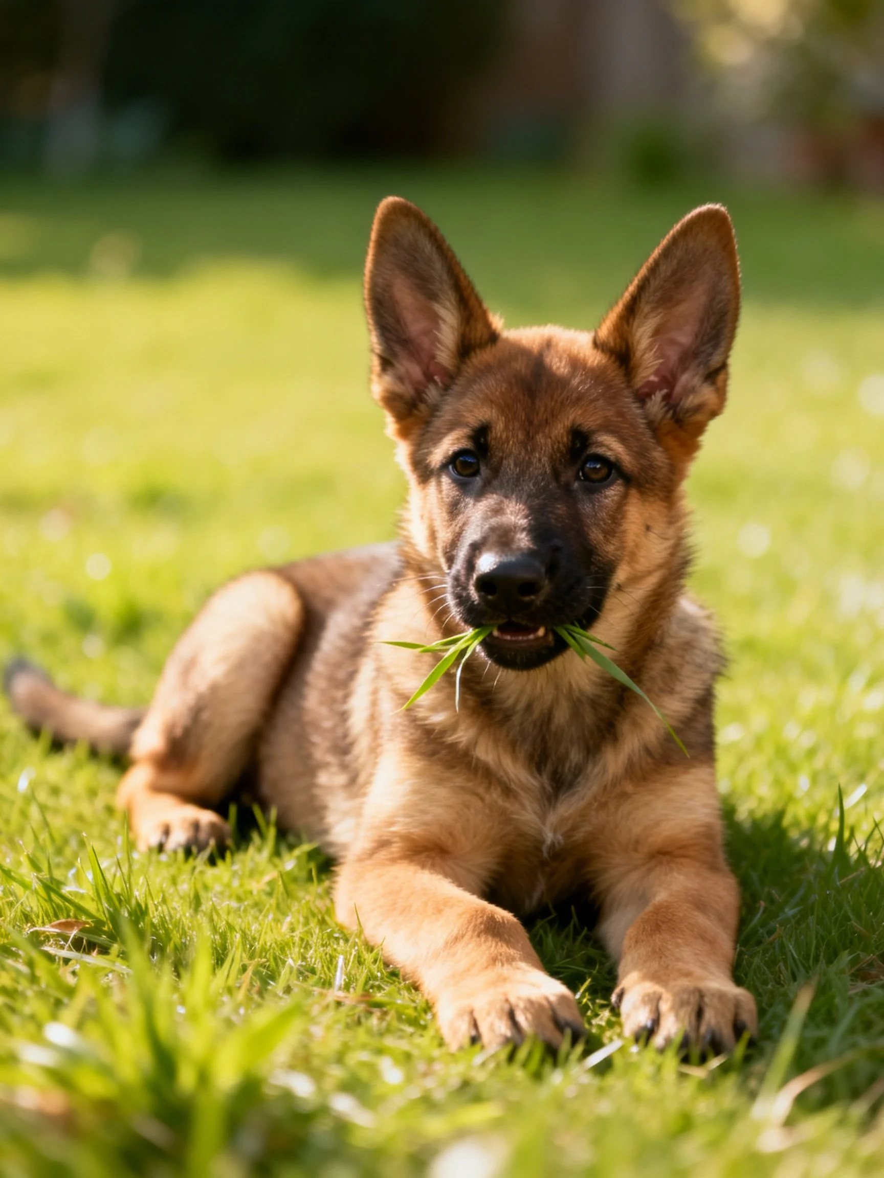A German Shepherd puppy lies on grass with grass in its mouth in a sunny outdoor setting.
