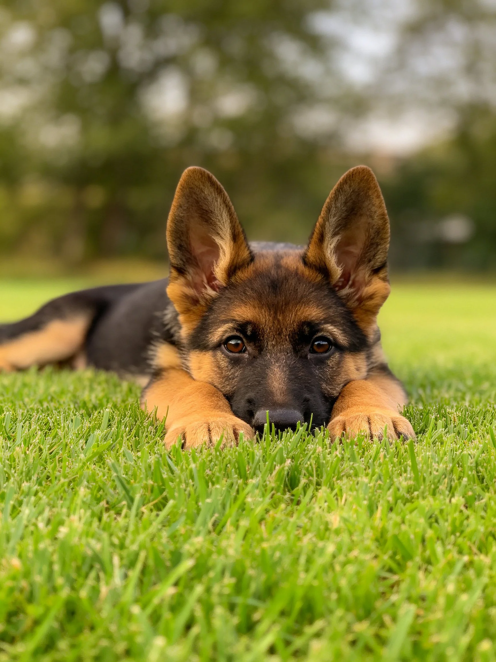 A German Shepherd puppy relaxes on green grass in an outdoor space.