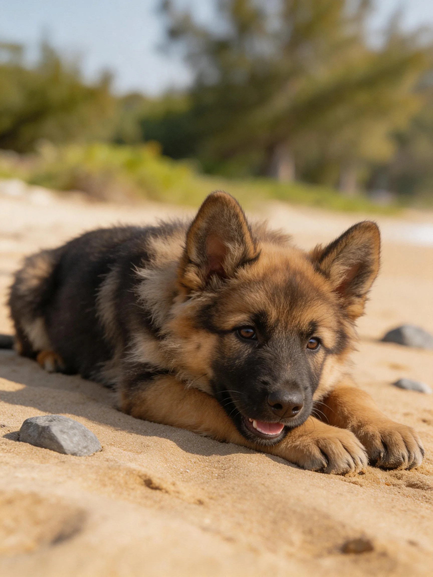 A German Shepherd puppy resting on sandy terrain near rocks