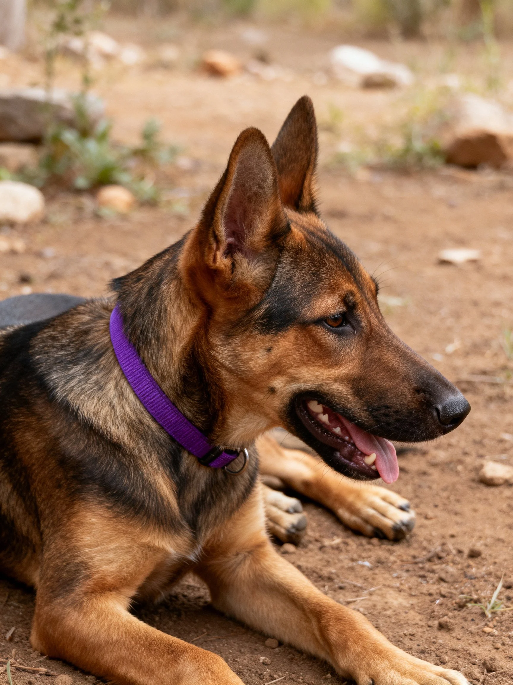 A German Shepherd puppy relaxes outside while wearing a purple collar.