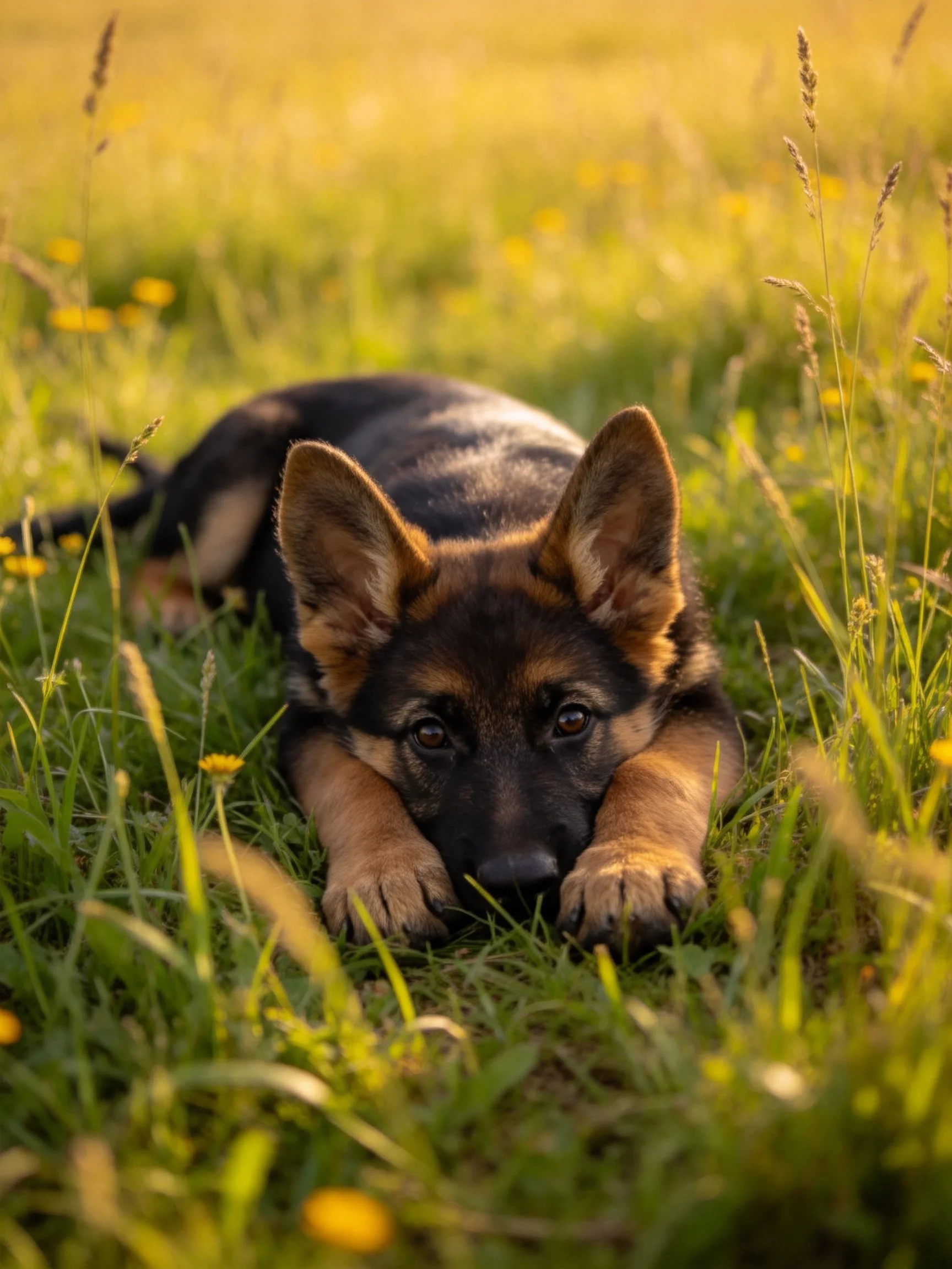 A German Shepherd puppy rests amid tall green grass and yellow wildflowers