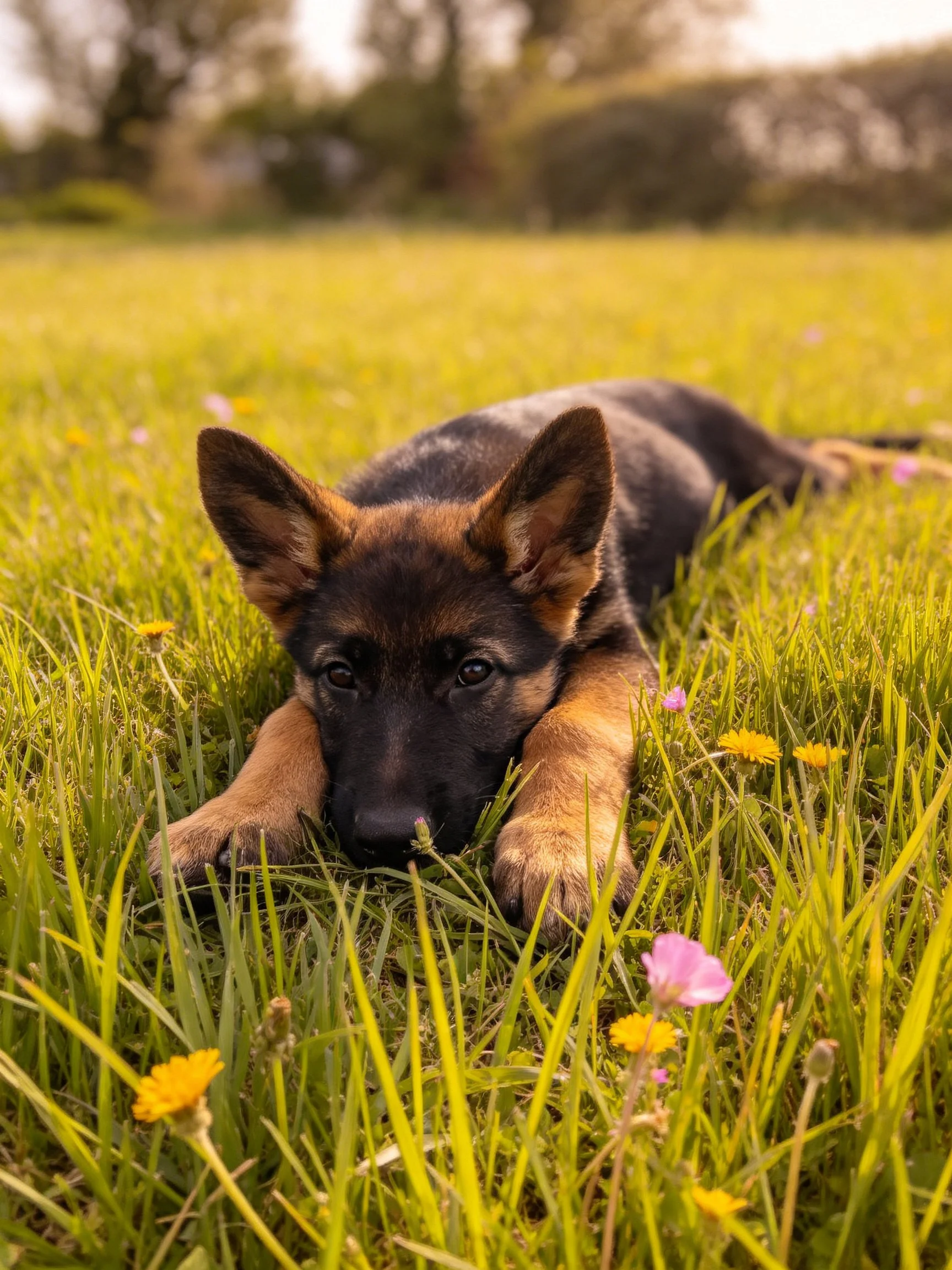 A German Shepherd puppy rests in vibrant green grass with yellow and pink wildflowers