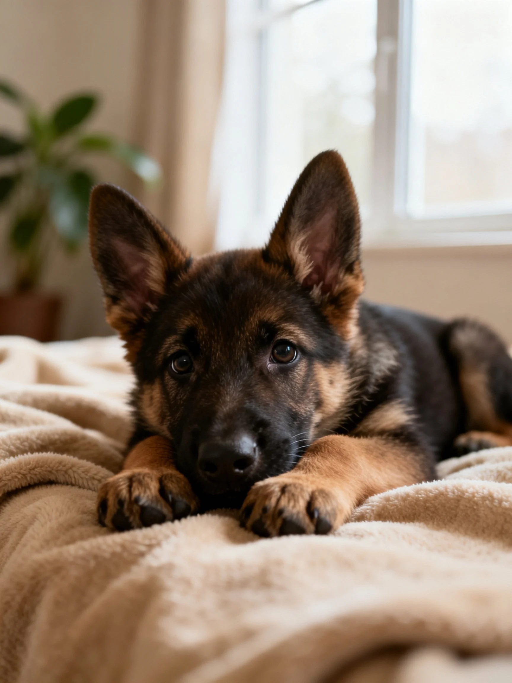 A German Shepherd puppy relaxes on a soft blanket inside close to a window.