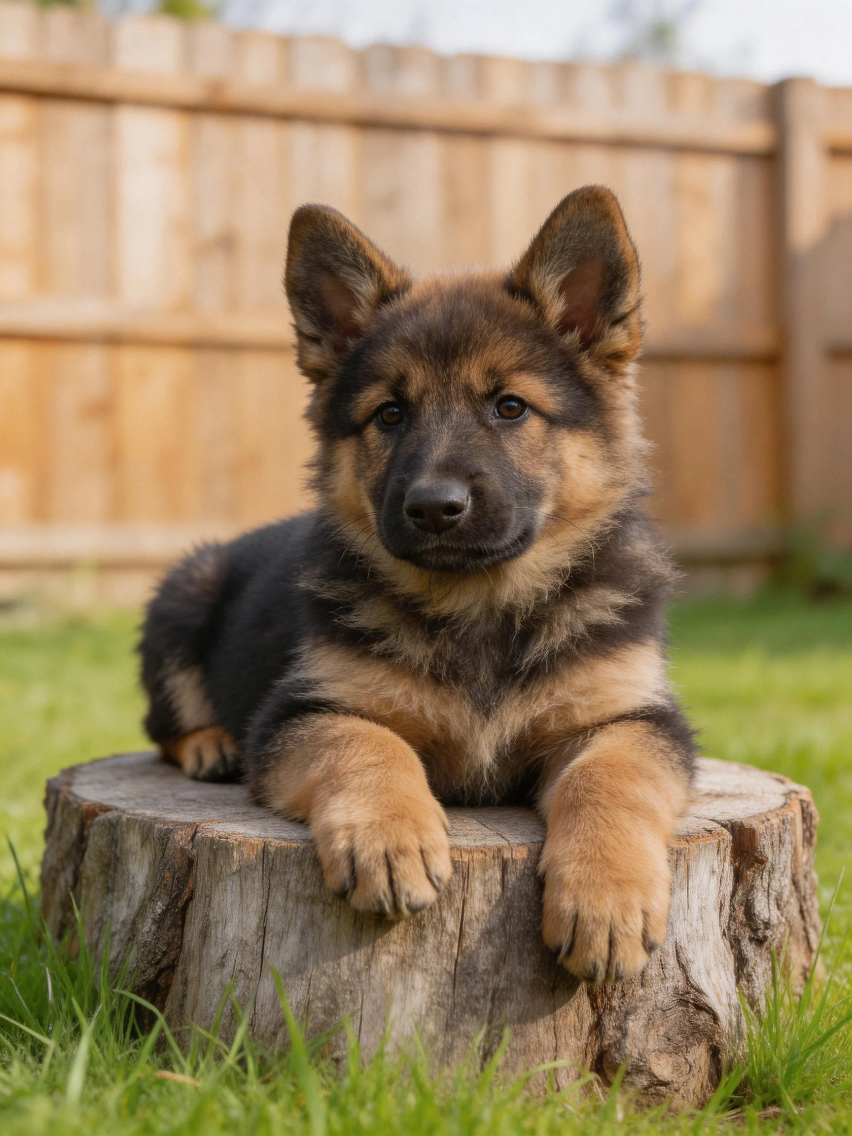 A German Shepherd puppy relaxes on a weathered tree stump in an outdoor space.