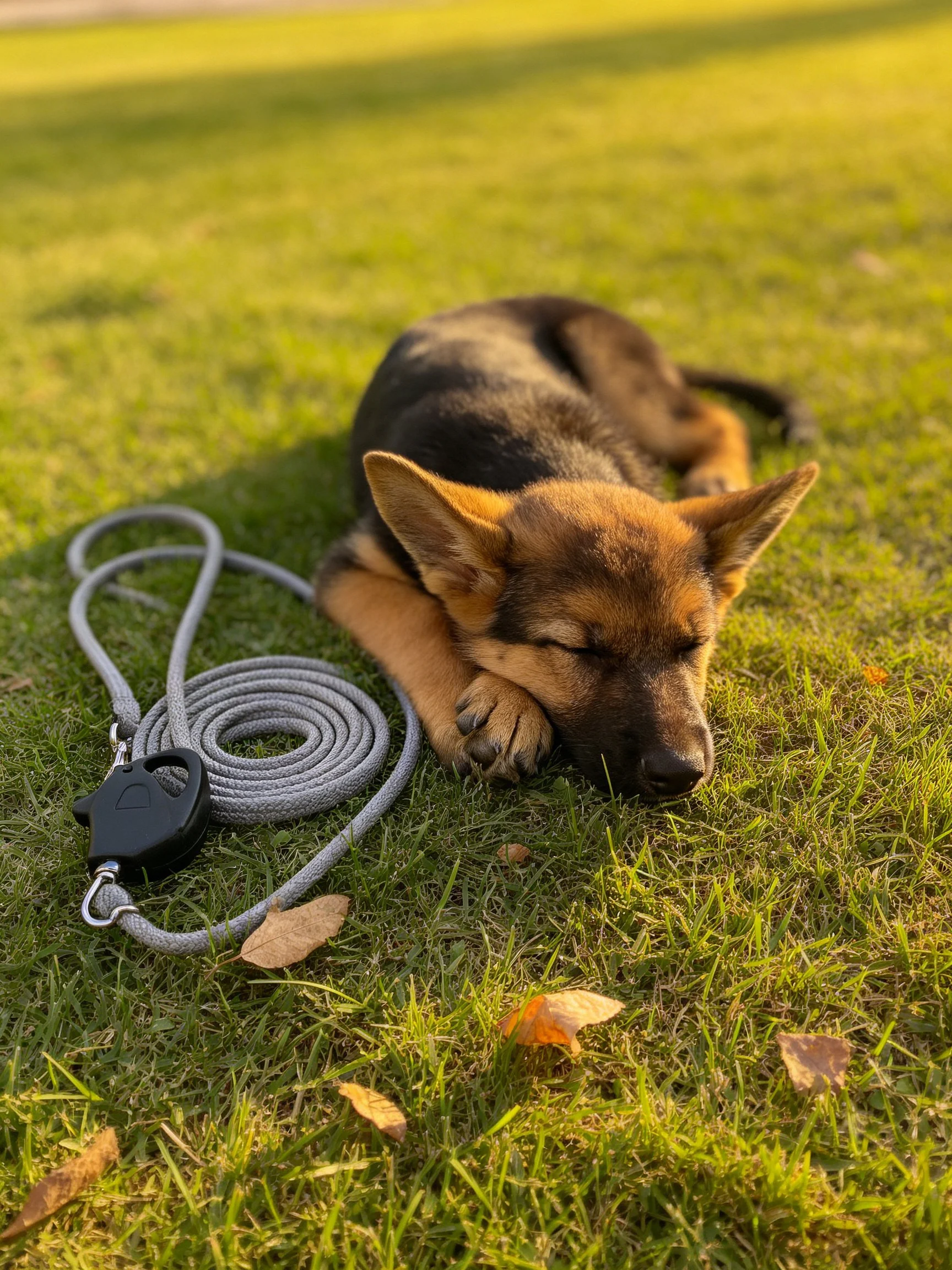 A German Shepherd puppy sleeps on grass with a gray leash nearby.