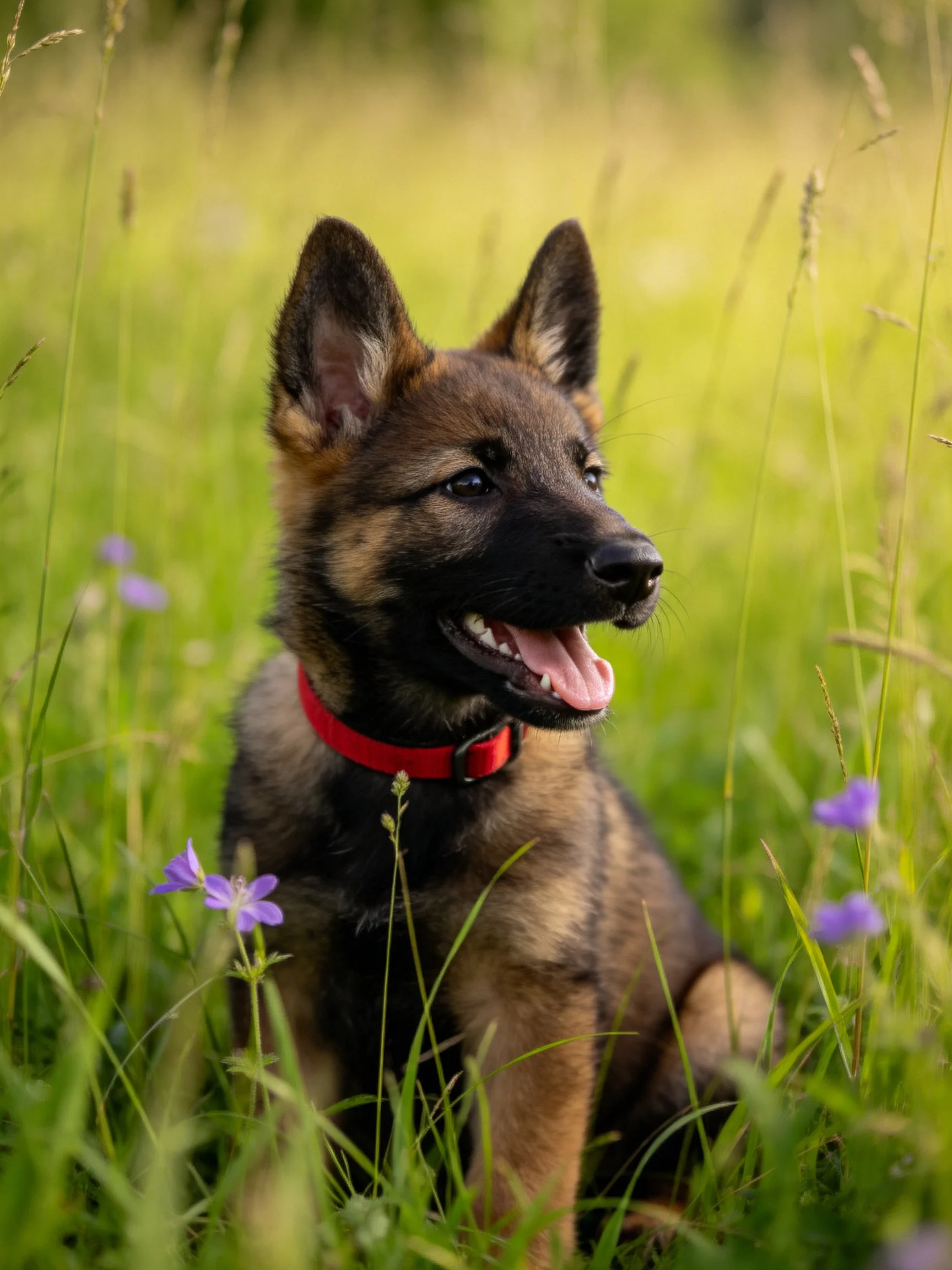 A German Shepherd puppy rests in a sunlit meadow with tall grass and purple blooms.