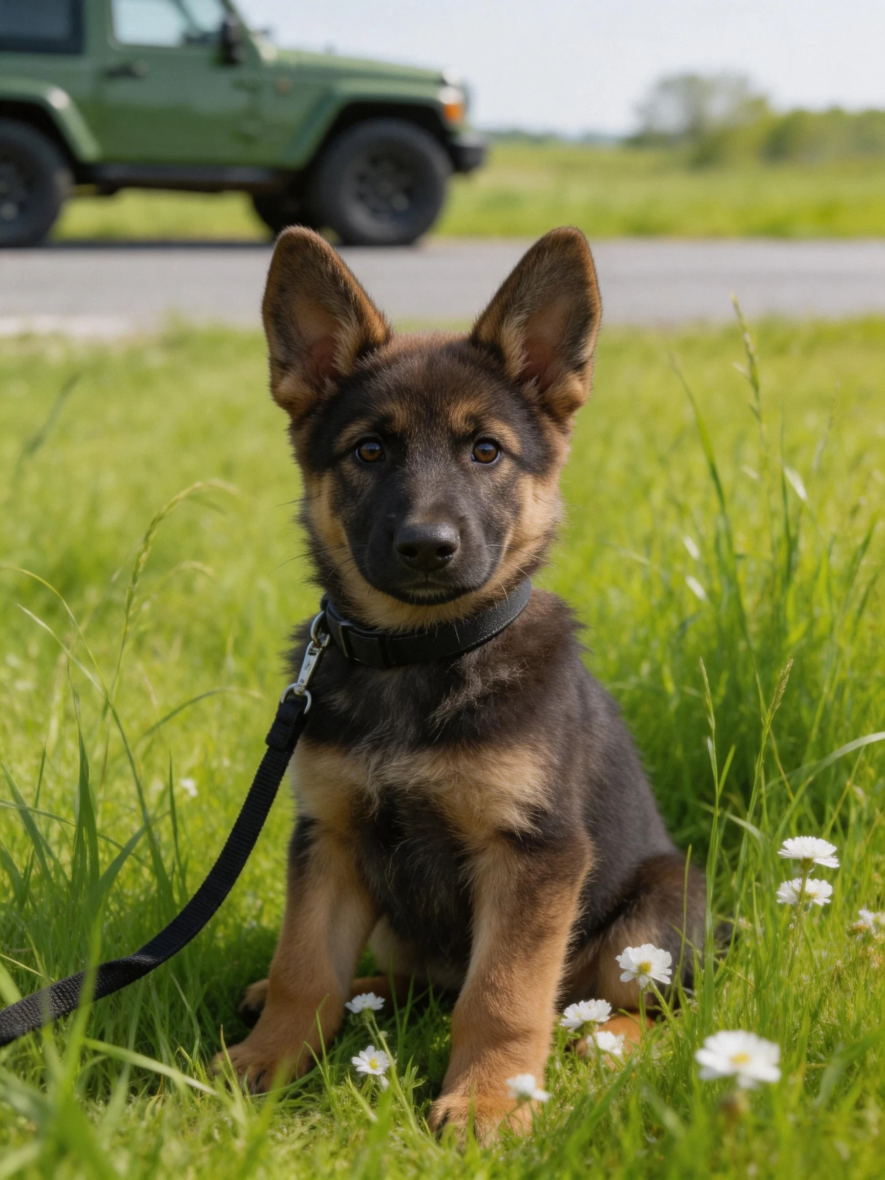 A German Shepherd puppy sits in grass near a jeep on a sunny day.