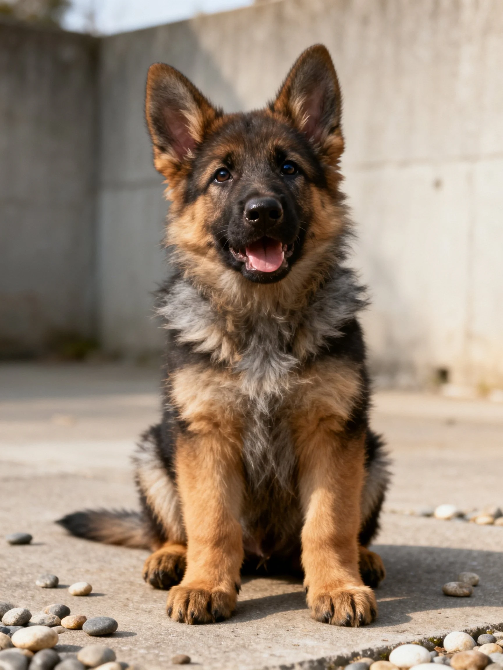 A German Shepherd puppy sits near a concrete wall with pebbles around.