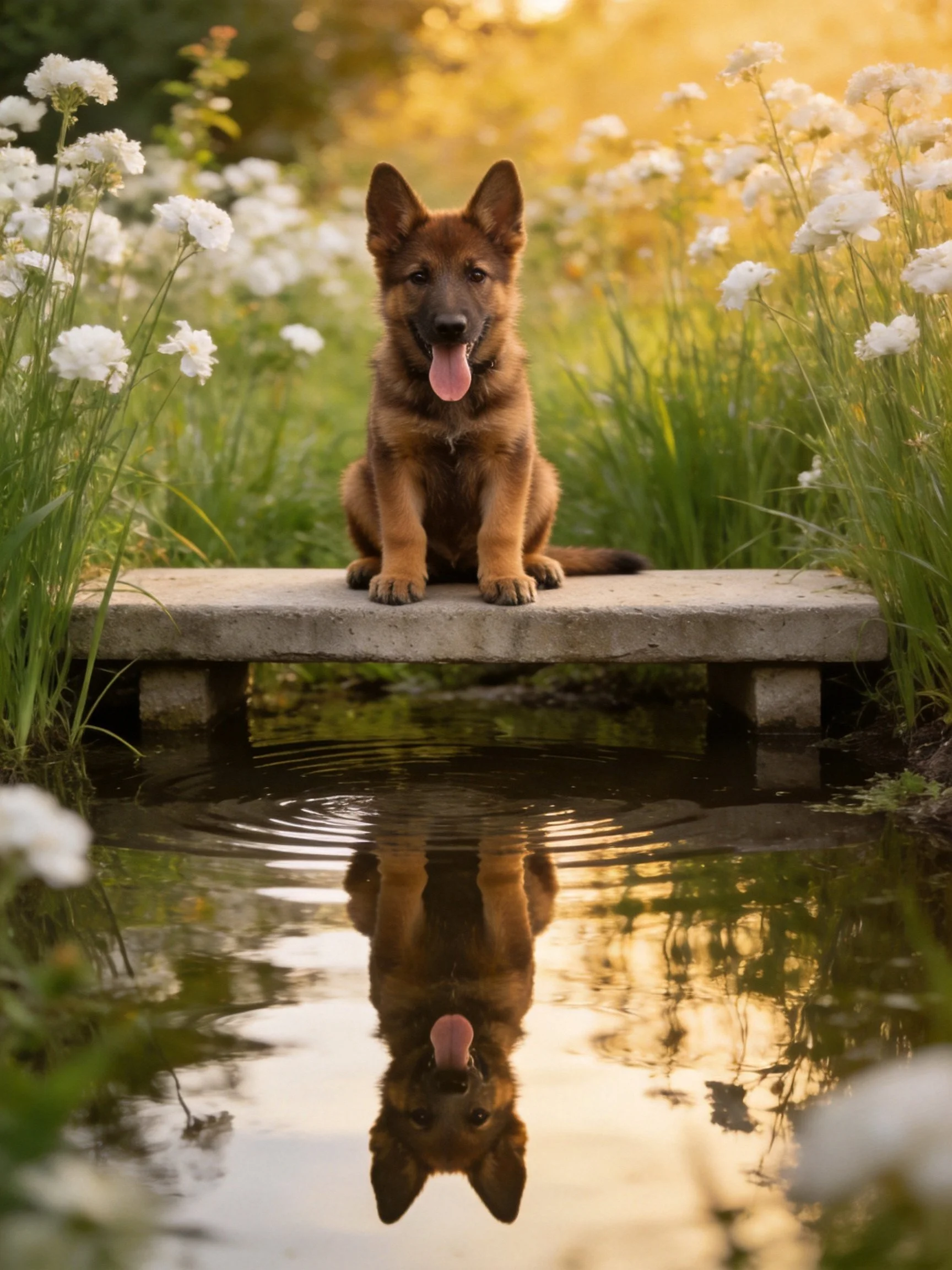 A German Shepherd puppy sits on a stone bridge over water with flower reflections