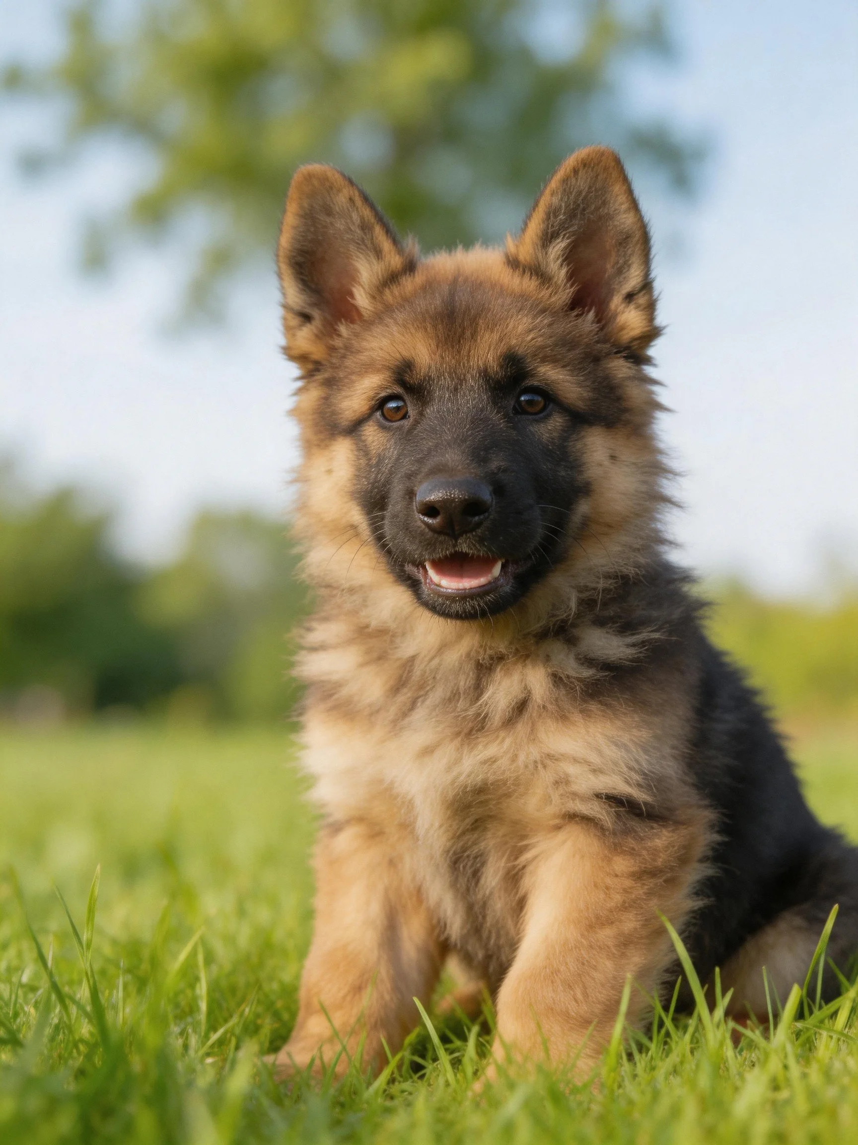 A German Shepherd puppy rests on green grass in a sunny outdoor area.