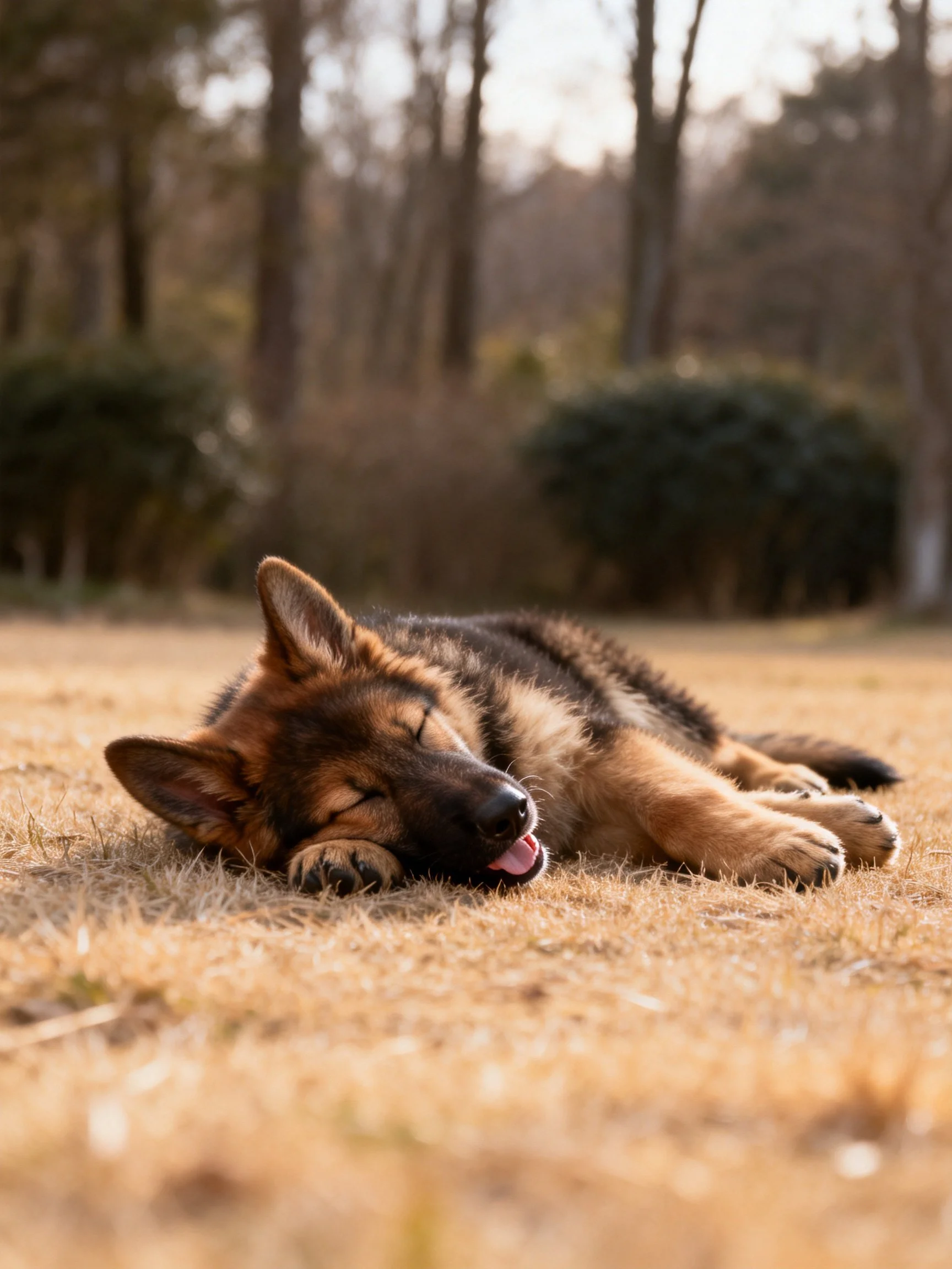 A German Shepherd puppy sleeps on dry grass in a wooded area