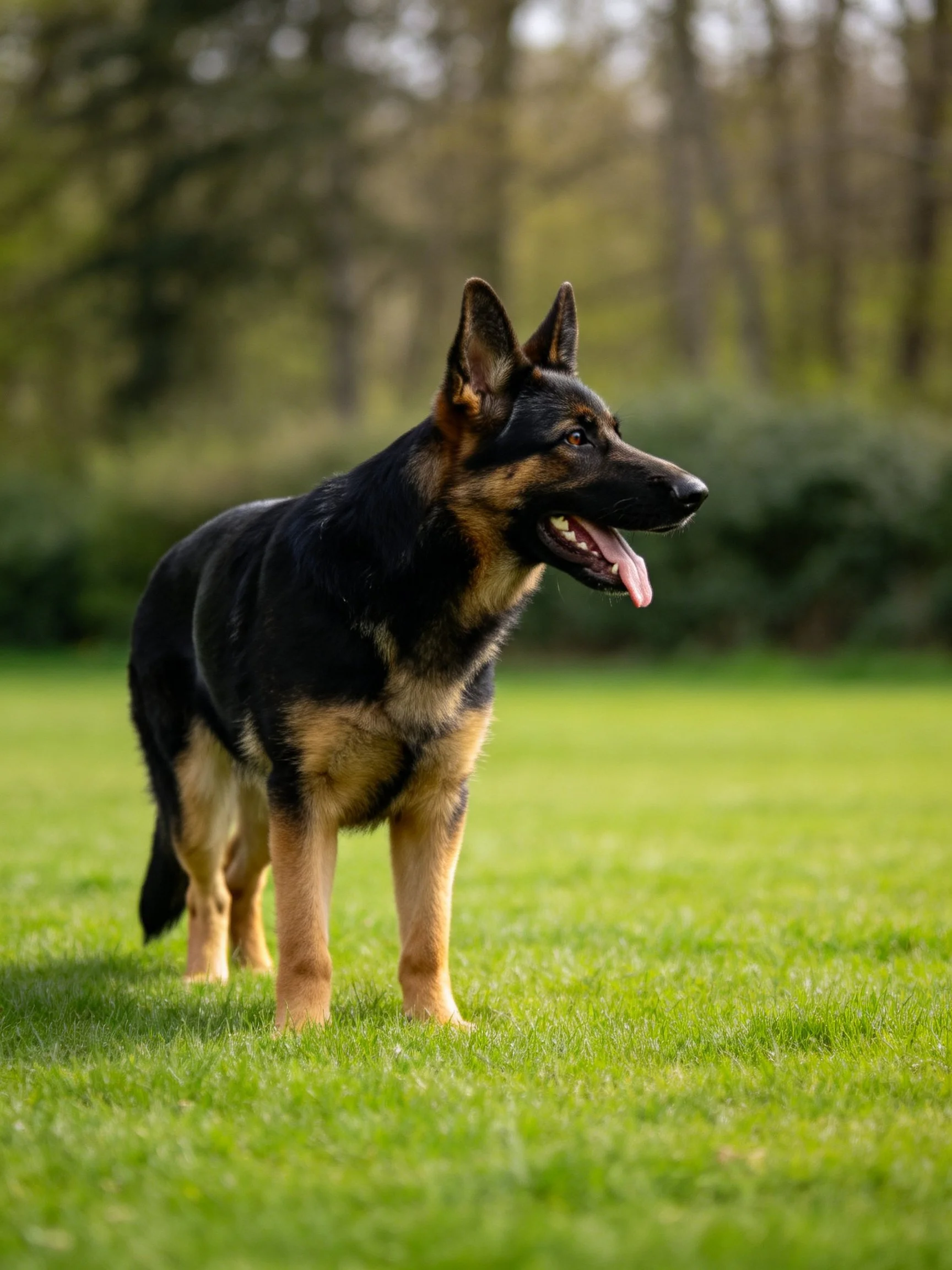 A German Shepherd puppy stands on green grass in a sunlit outdoor area.