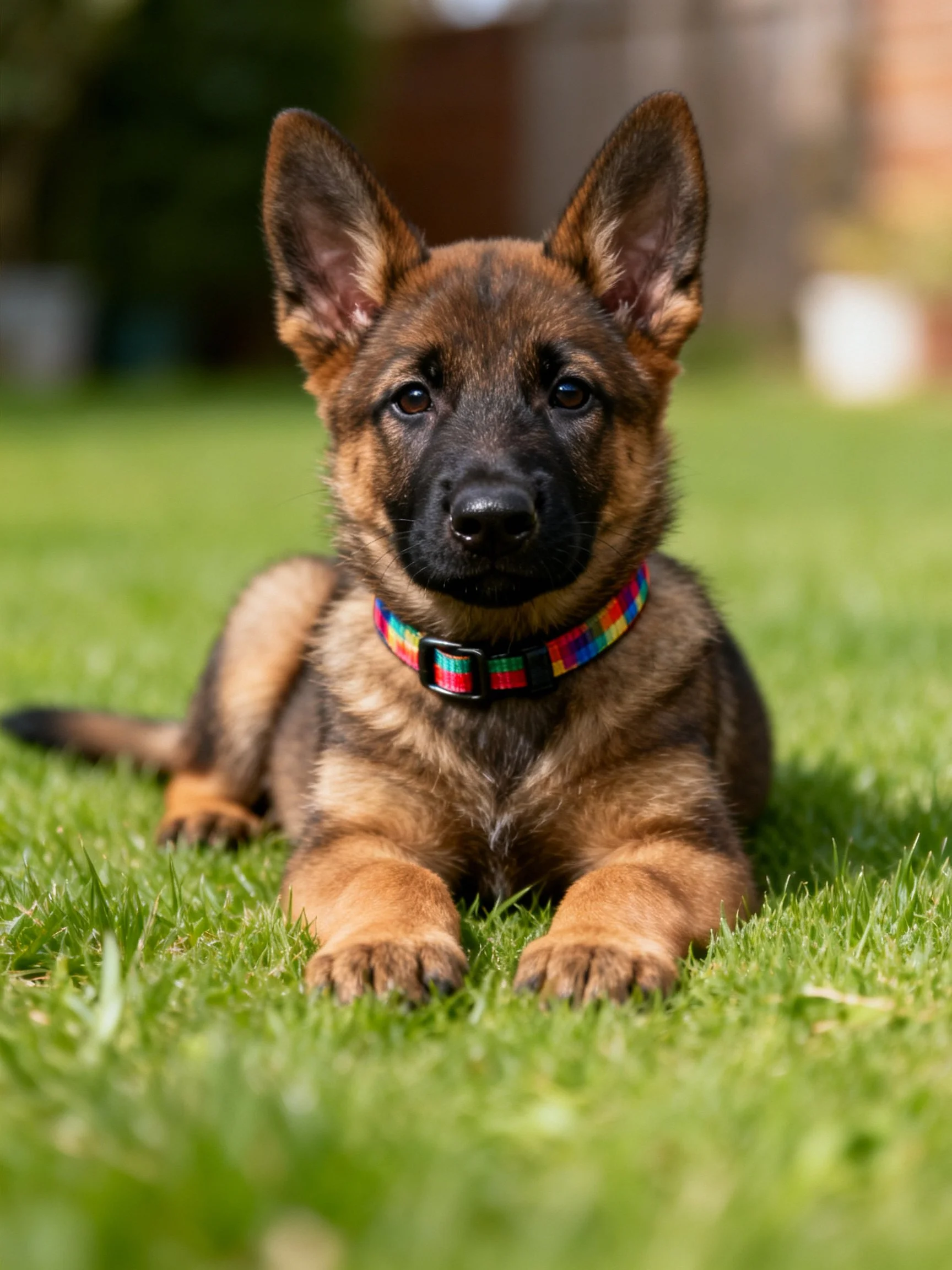 A German Shepherd puppy with a rainbow collar lies on green grass