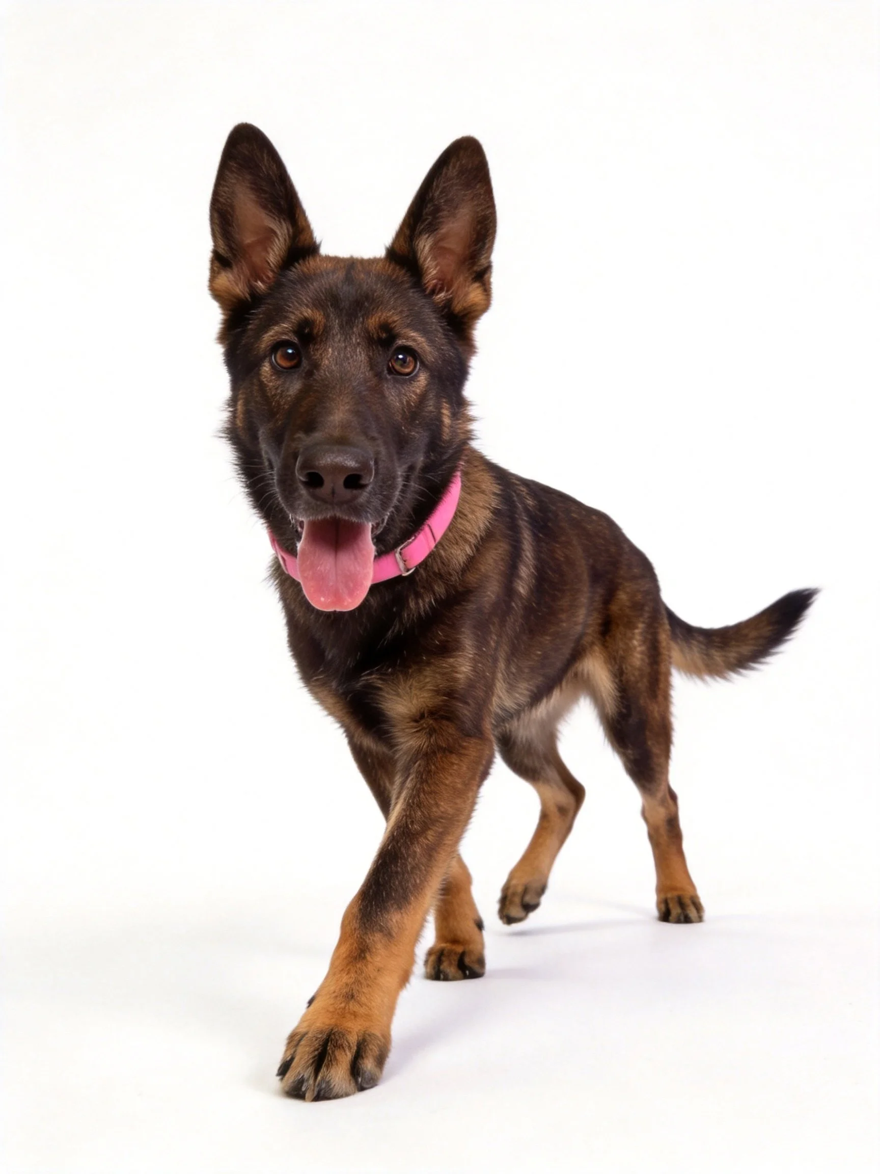 A German Shepherd puppy with a pink collar approaches the camera