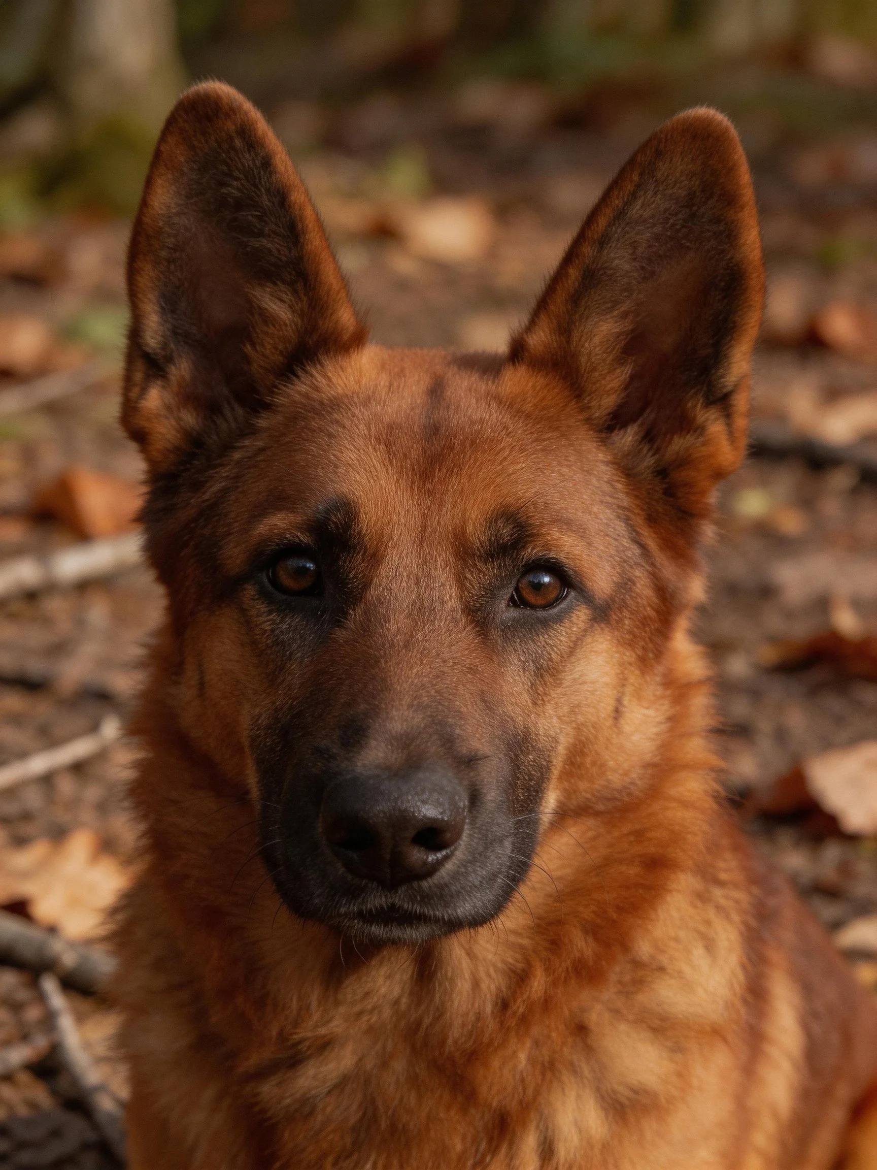 A German Shepherd puppy with reddish-brown fur rests amid fallen leaves in a forest.