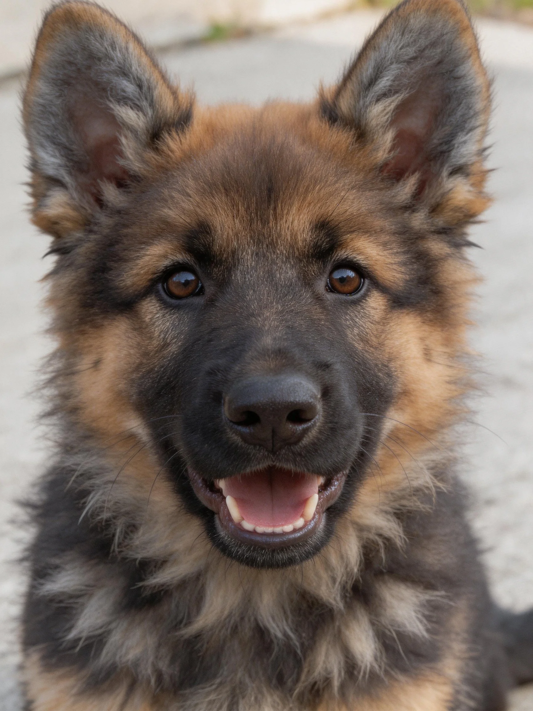 A young German Shepherd puppy shows a joyful expression outdoors.