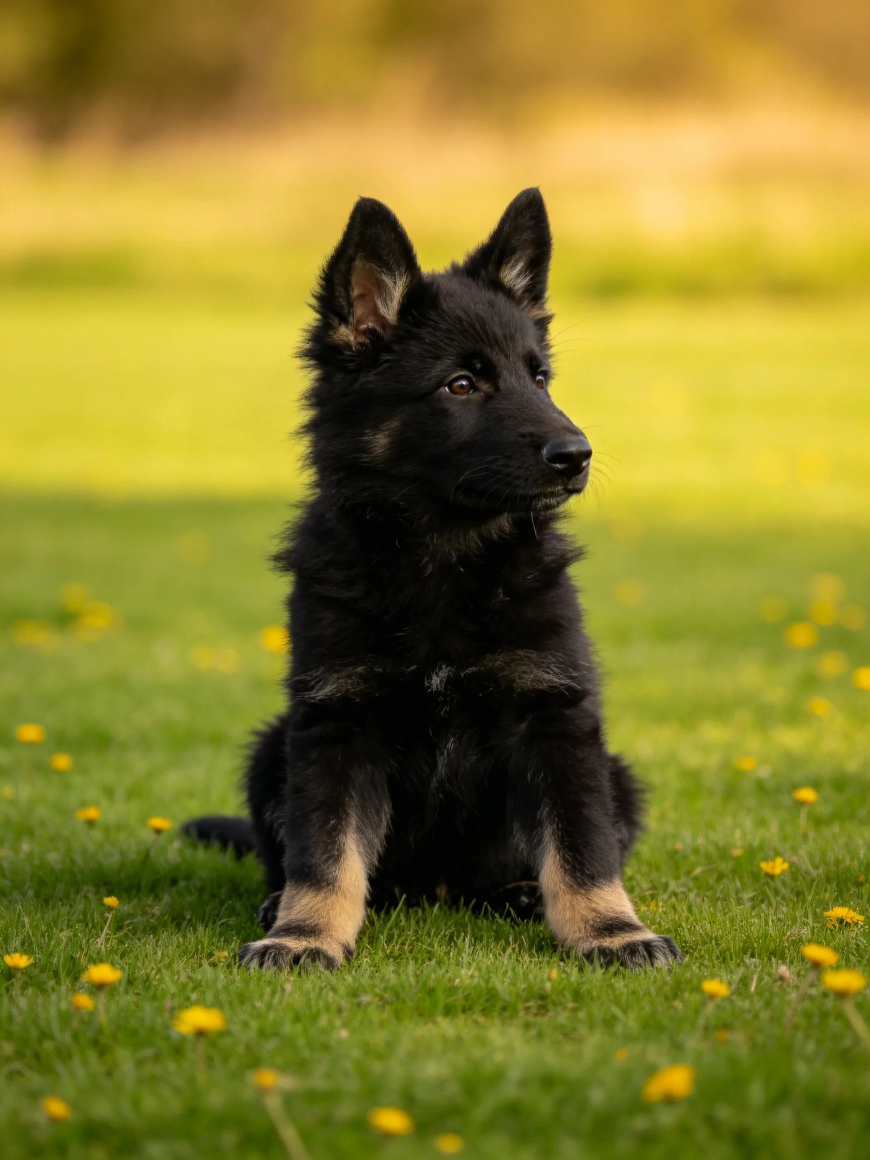 A German Shepherd puppy sits on grass with yellow flowers
